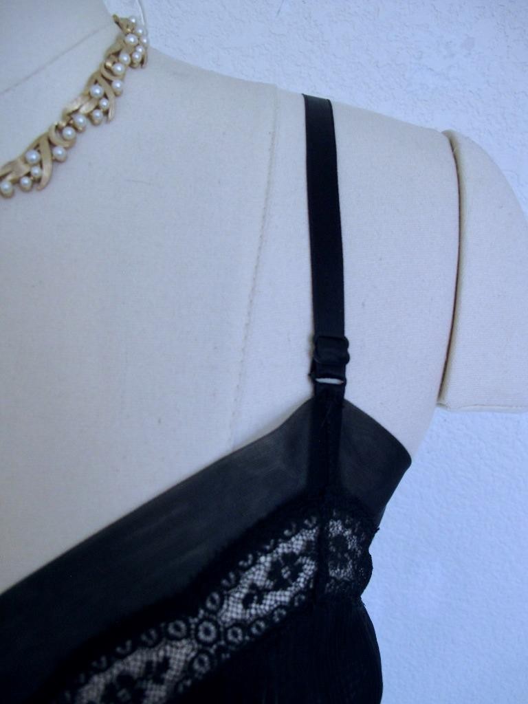 Vintage Youth Form Black Nylon Opaque Full Slip 36 Chiffon Crystal Pleats Ruffle