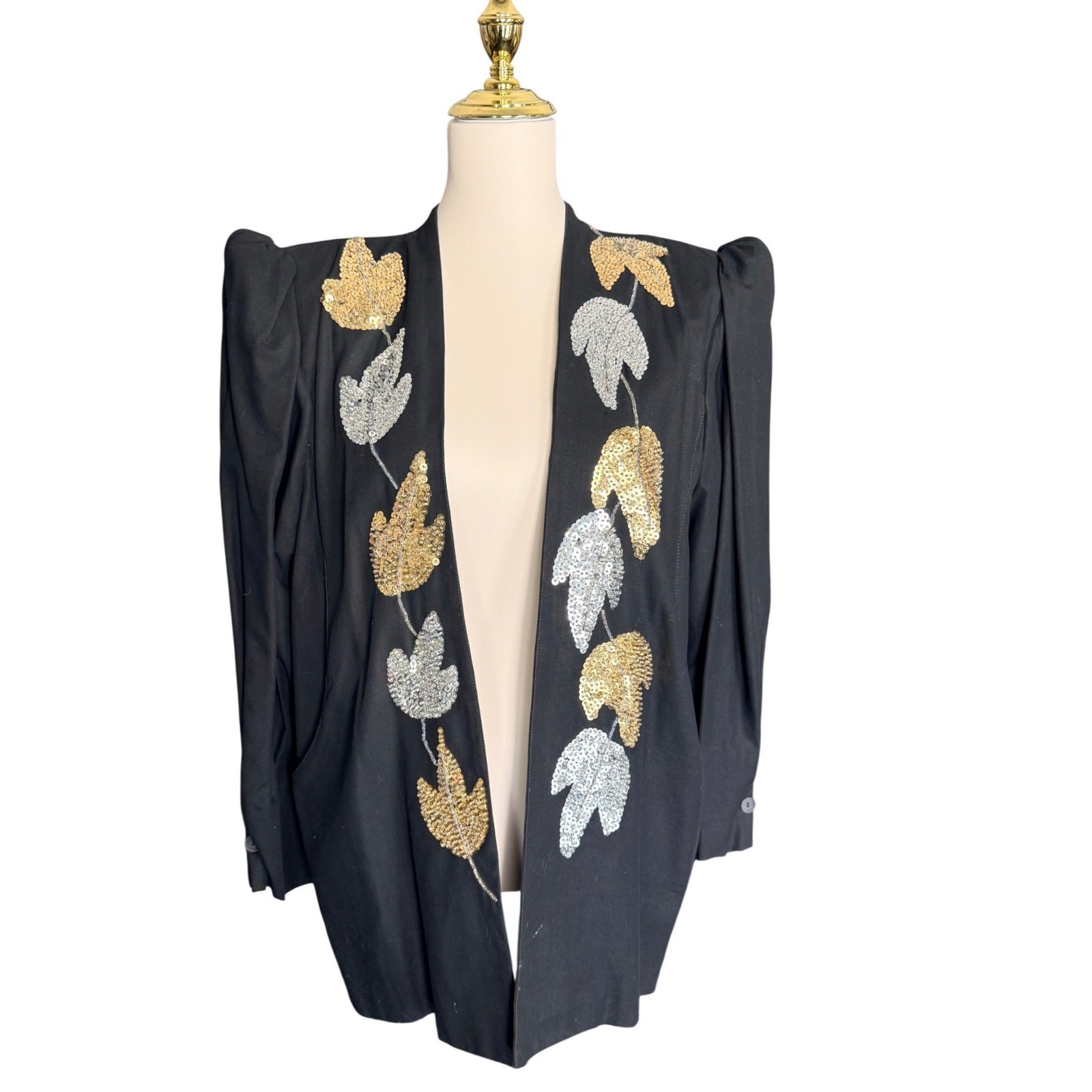 Vintage Mary Di Black Sequin Leaf Puff Shoulder Blazer Jacket Large 80s Glam