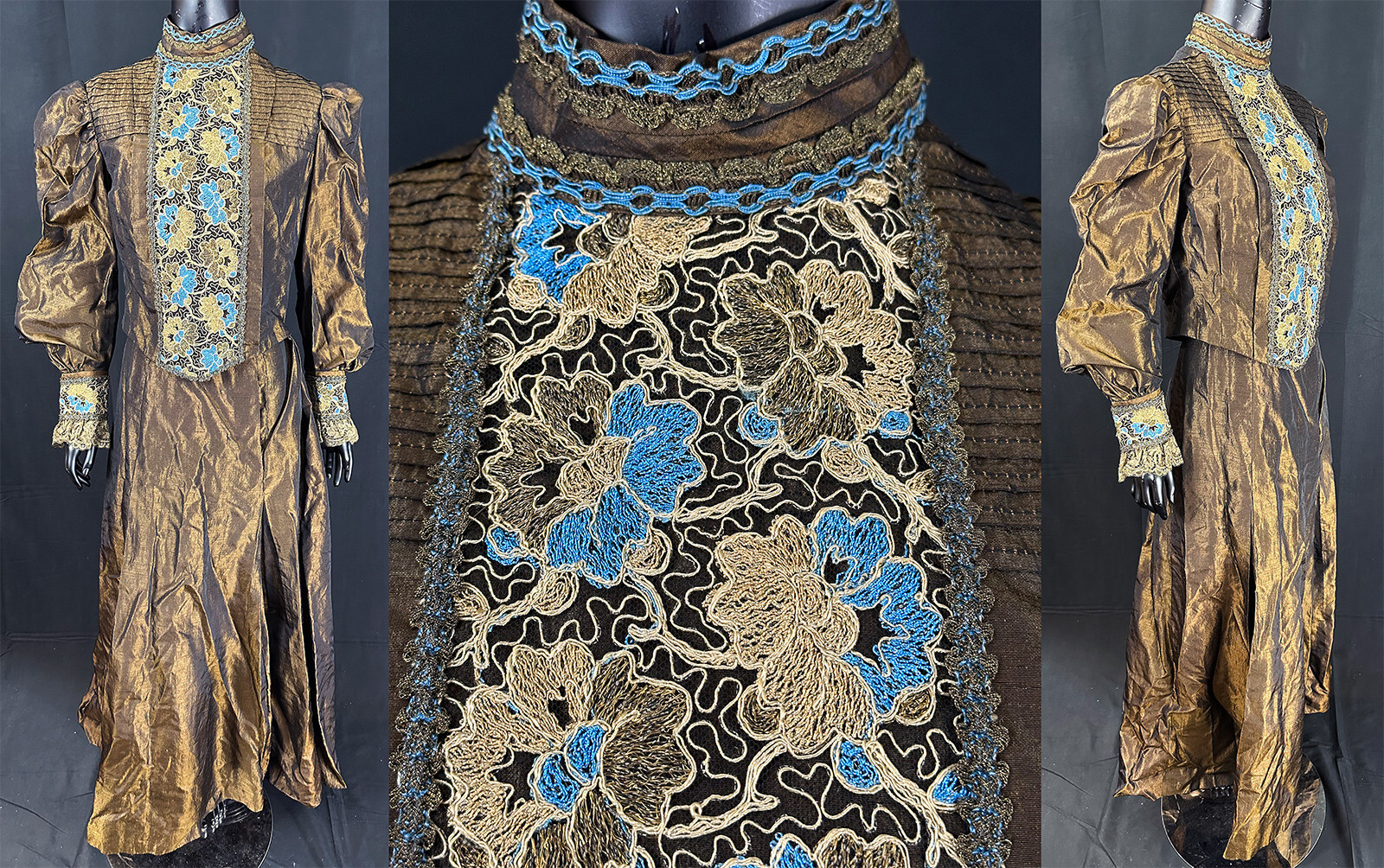 Vintage Edwardian Changeable Taffeta Shot Silk Gold Metallic Lace Trimmed Dress