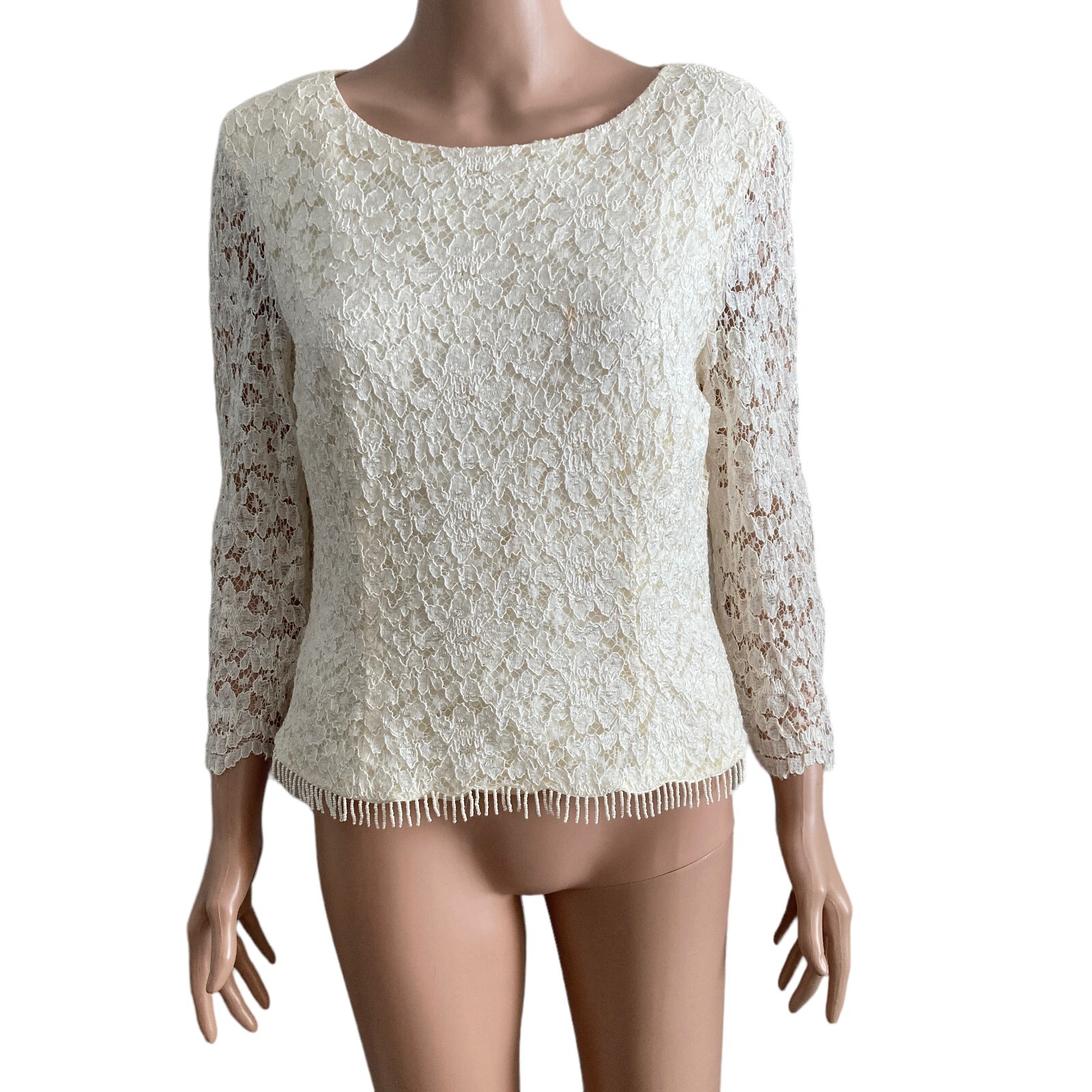 Vintage David Warren NY Blouse Womens 14 Lace Beaded Hem