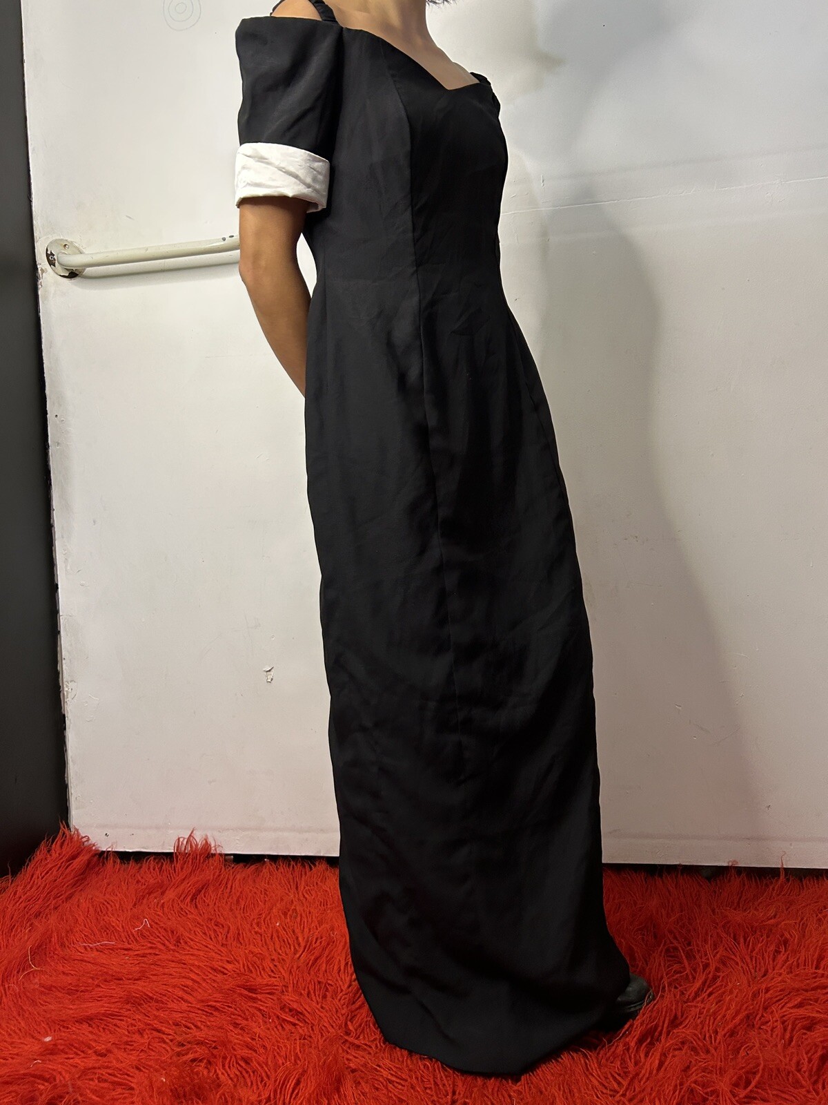 Vintage Handmade Black Dress Maxi Off-the-shoulder Princess Neck Boned AU 8
