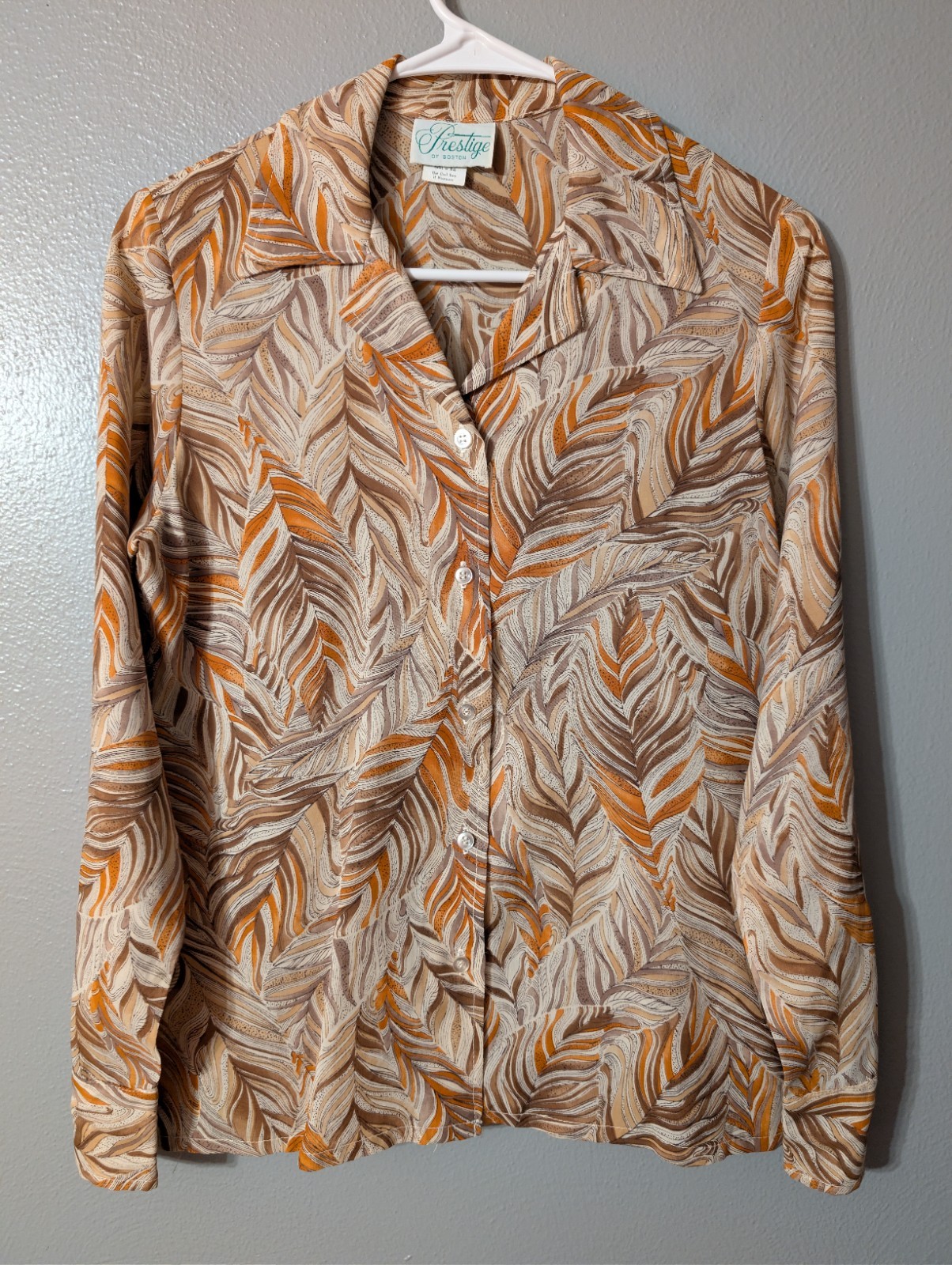 Vintage Prestige of Boston Earthy Leaf Print Blouse Retro 70s Dagger Collar