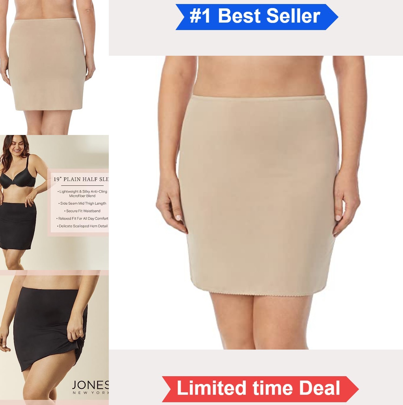 Women’s Half Slip Nude 19 Inch Side Seam Scalloped Hem Polyester Spandex Silk