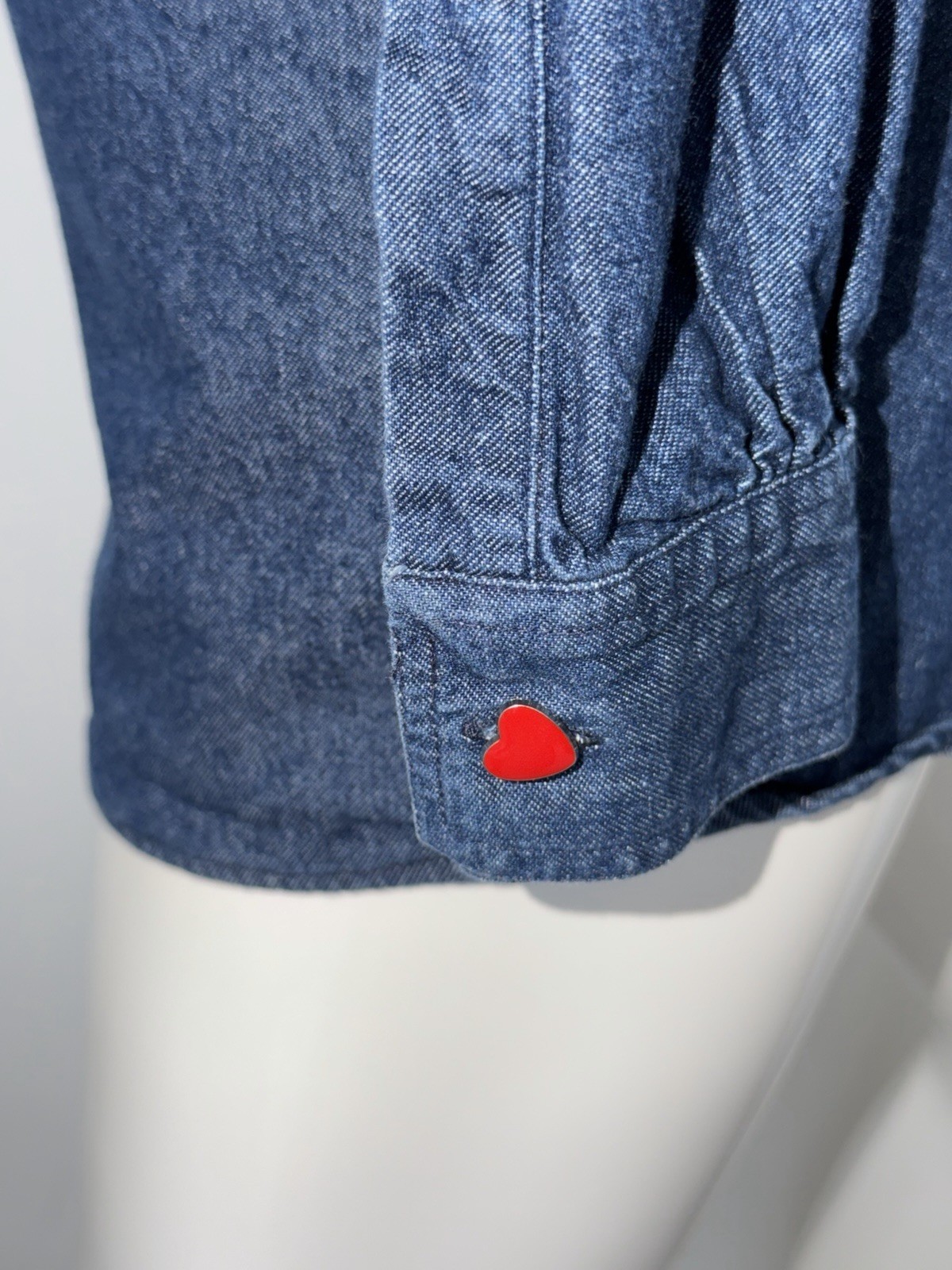 VTG 90s Franco Moschino Jeans Iconic Backwards Heart Peace Signs Denim Shirt MED