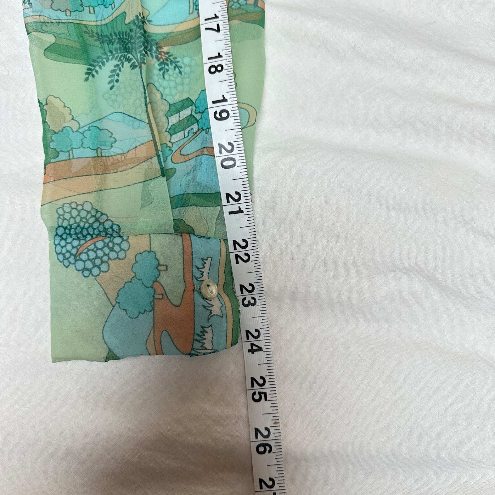 Sheer Button Down Shirt Aqua Dreamy Print Elegant Leisure Translucent Retro (M)
