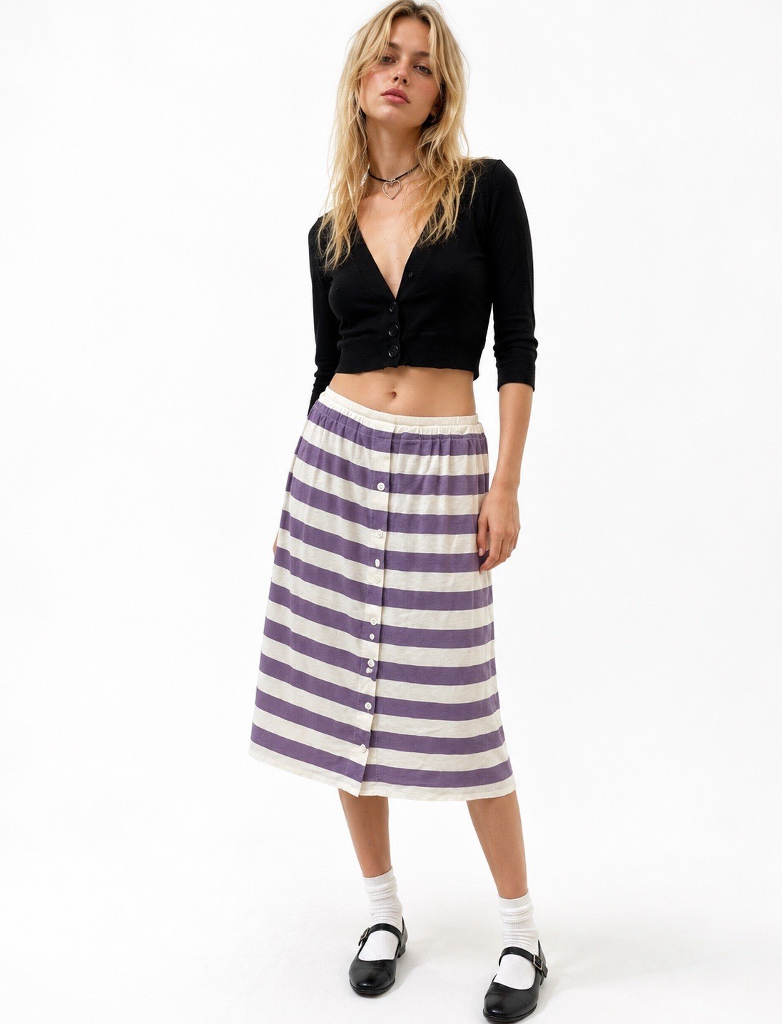 Vintage Skirt Midi 80s Low Waist Striped Cotton Jersey Indie Soft Girl Gen Z M