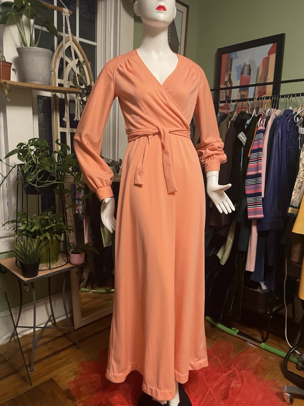 Vtg 60s 70s Faux Wrap Maxi Dress 36 Bust 26 Waist