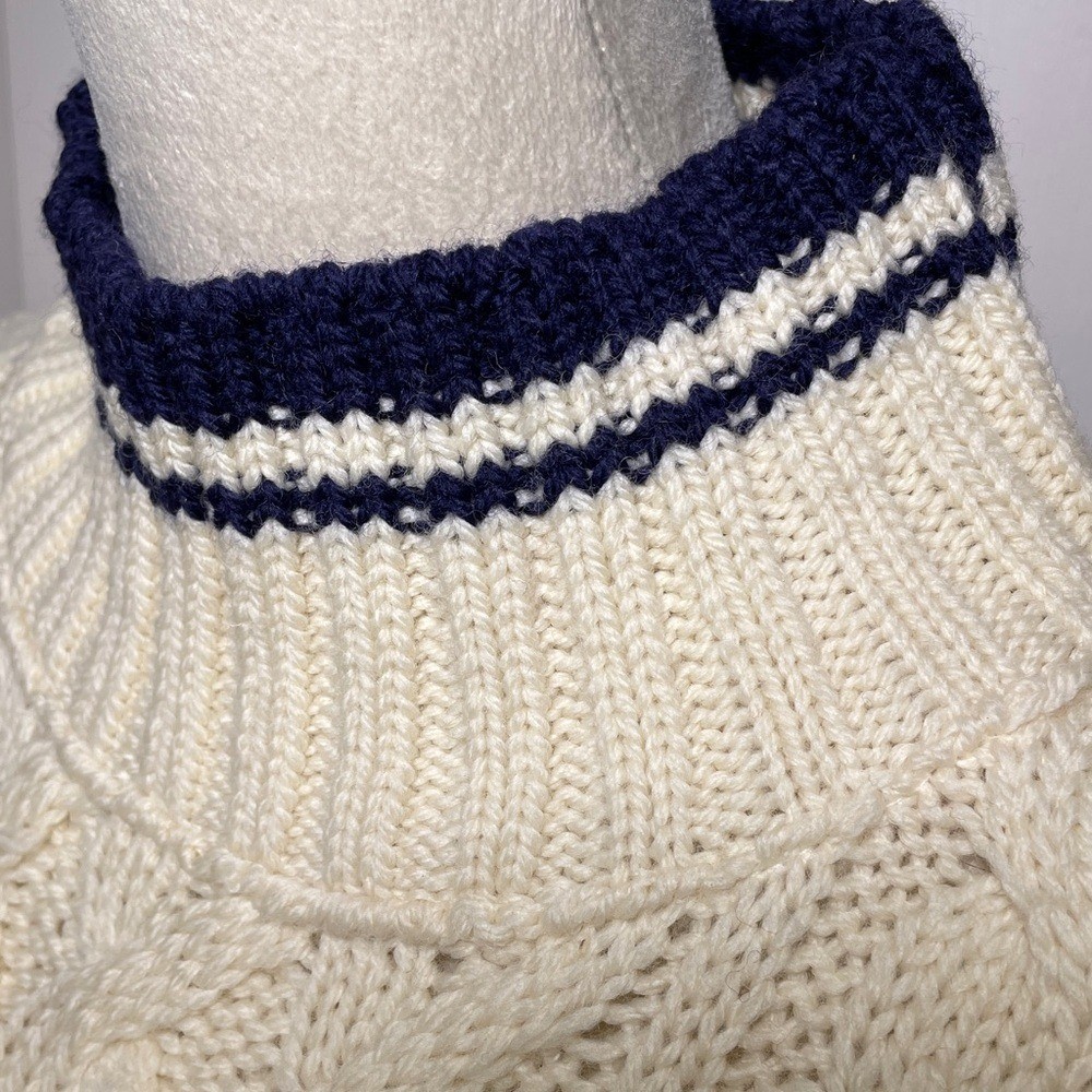 Vintage Aran Crafts Cream Cable-Knit Turtleneck Sweater Navy Trim Merino Wool