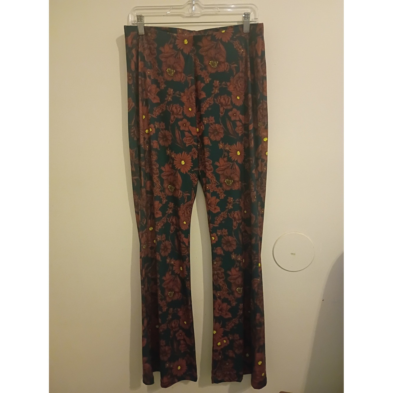 High-Rise Floral Flare Pants in Aqua Green and Rust Sz L