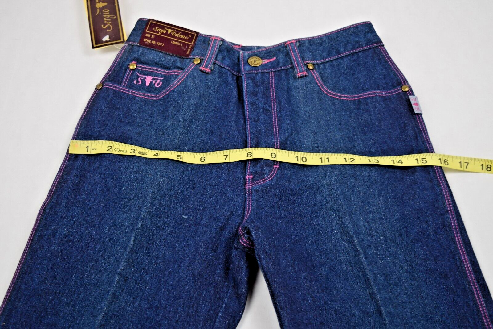 Vintage Sergio Valente Jeans Size S/M 70s Dark Wash Pink Stitch Straight Leg NWT
