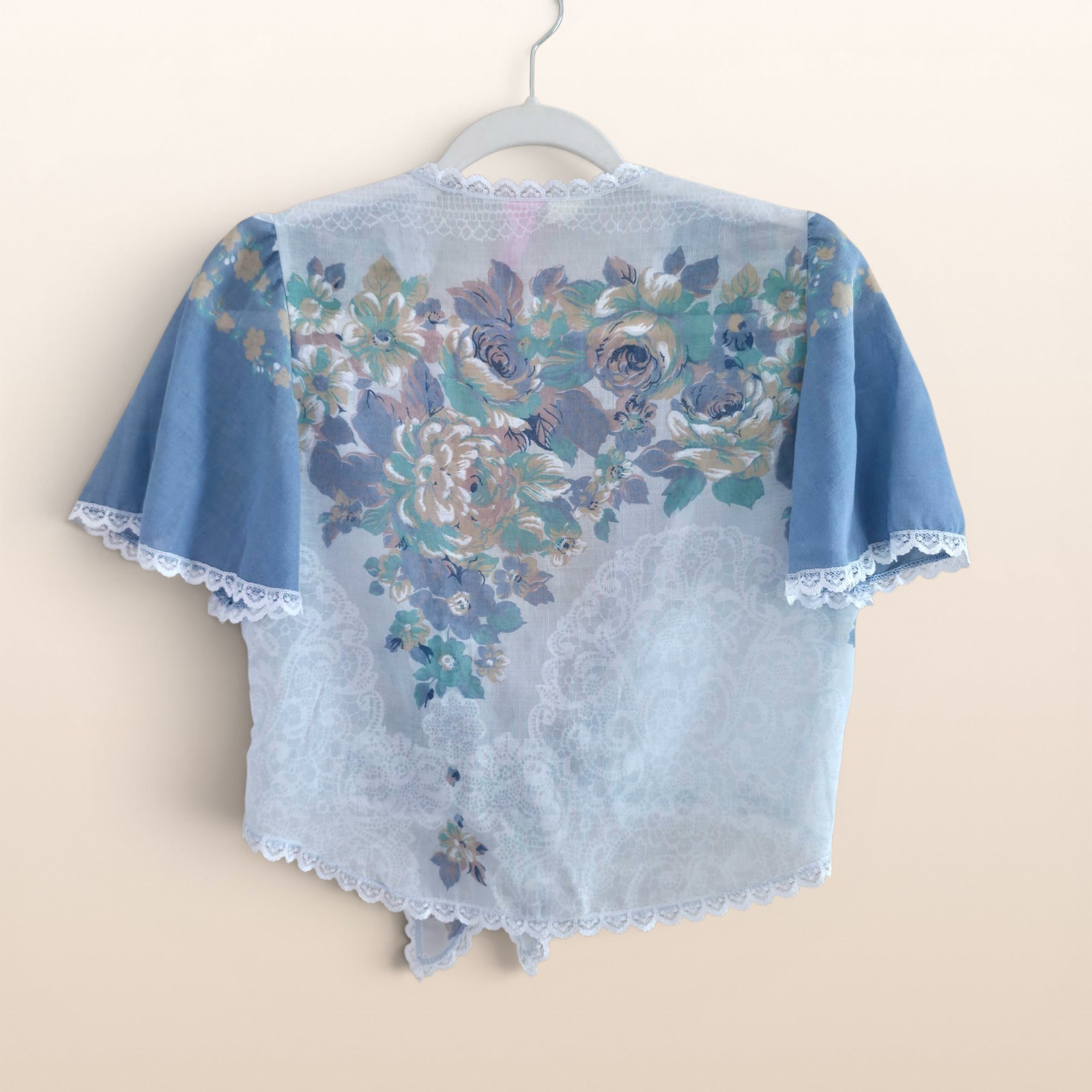 Vintage 70s Lace Tie Front Floral Lingerie Top Cal Togs Blue & White Sheer