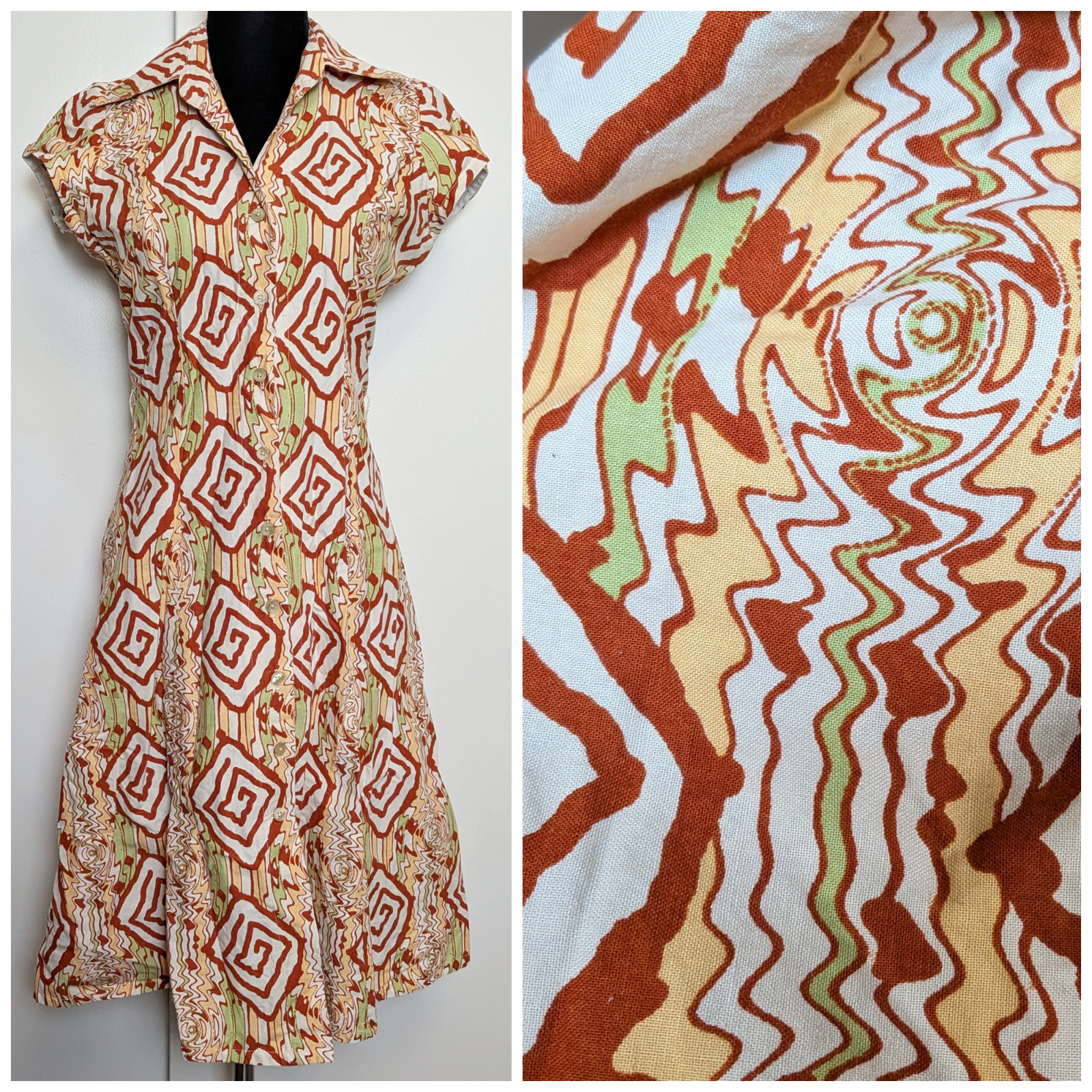 Acid Rock 1970s Funky Vtg Brown & Green Print Cap Sleeve Shirt Dress OOAK Sz S