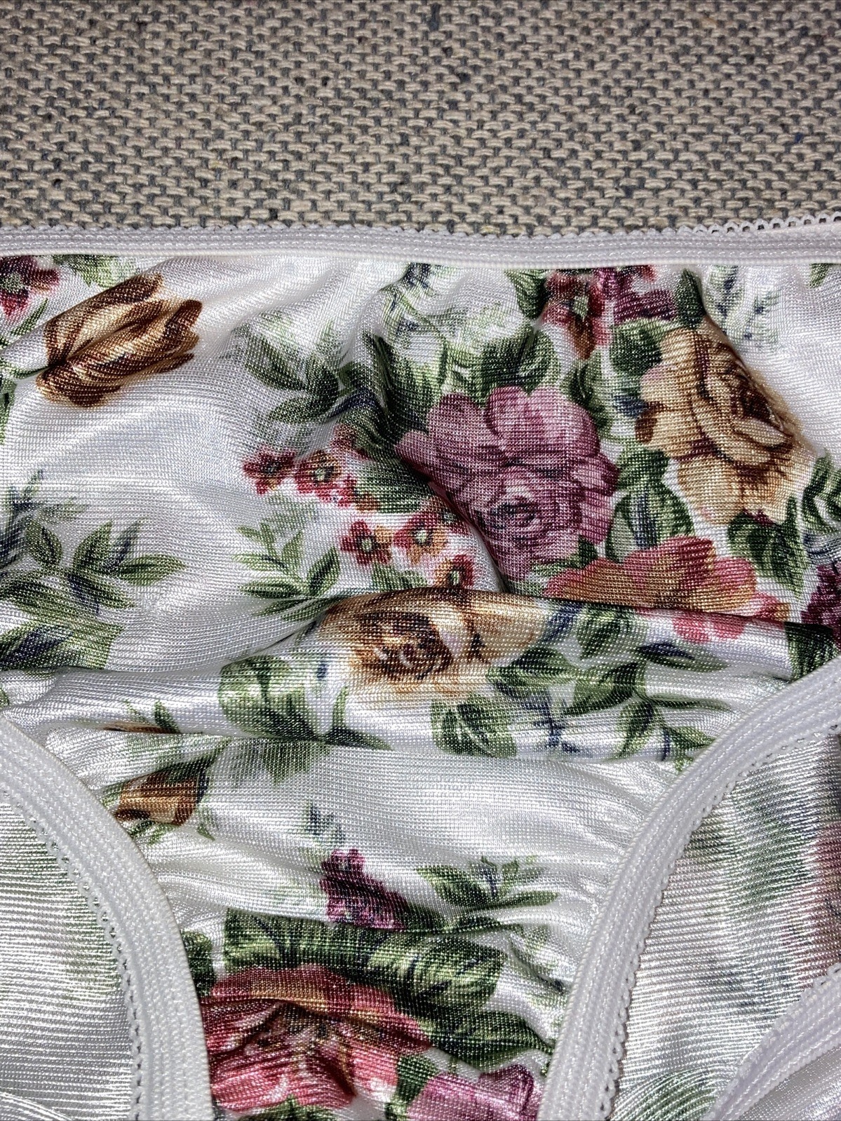 Vintage Petra Rose Garden Print Nylon Satin White Pink Green Panties