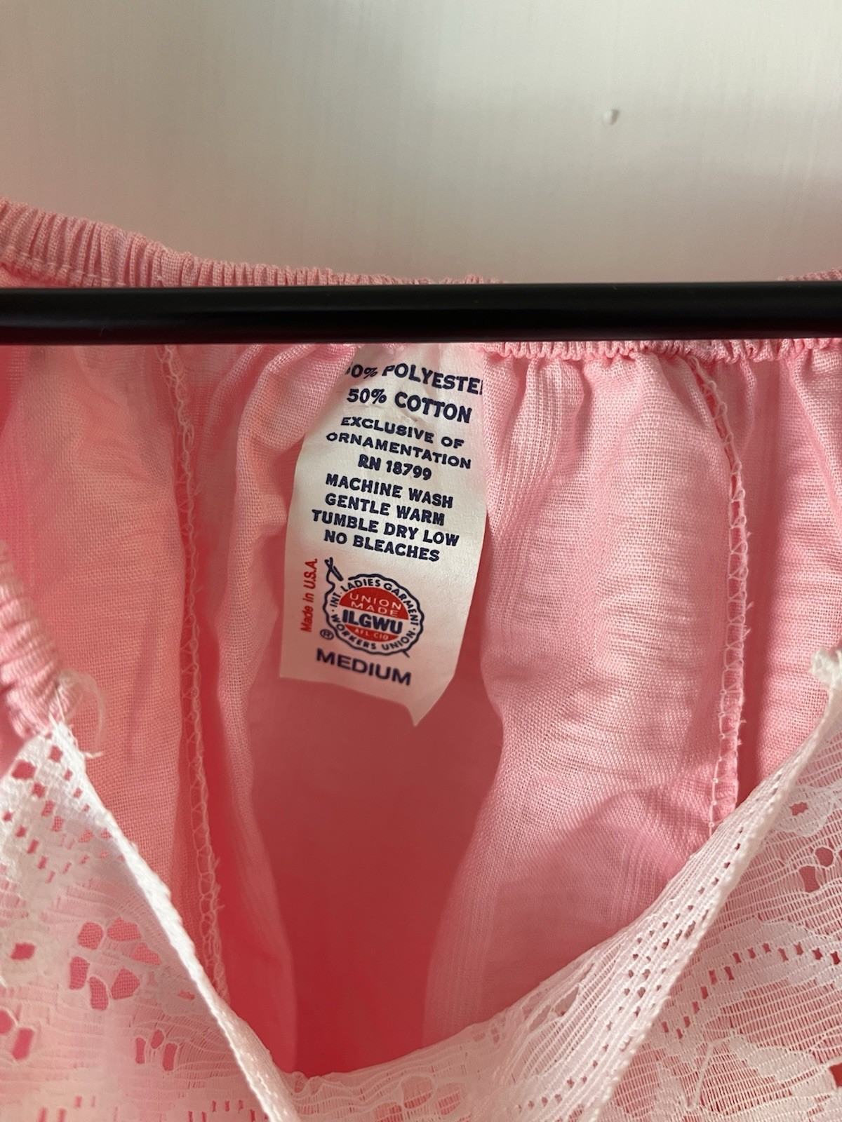 Vintage Pink Cottagecore Nightgown ILGWU Union Made USA Puff Sleeve Lace Medium
