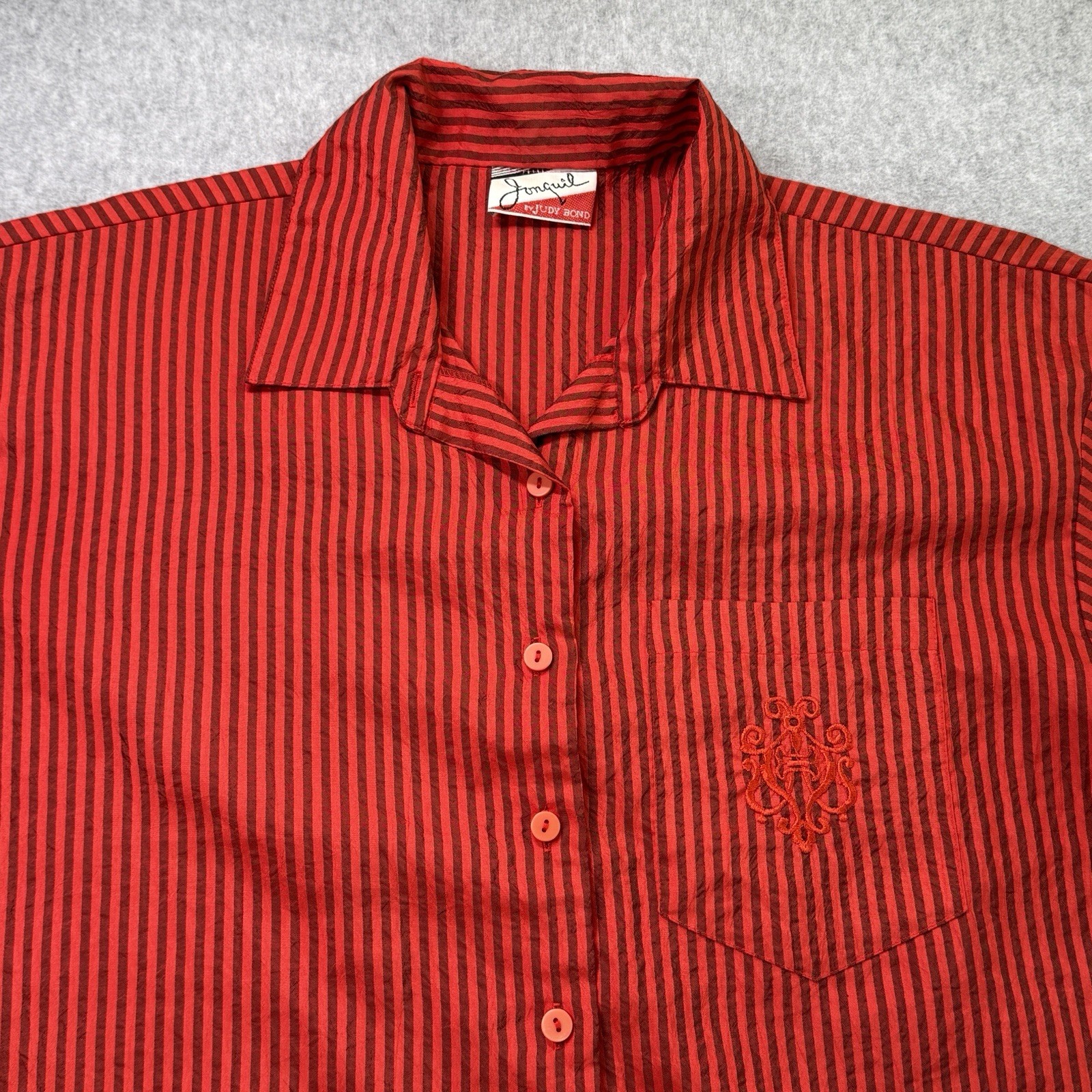 Vintage Jonquil by Judy Bond Red Black Striped Blouse Embroidered Pocket Retro