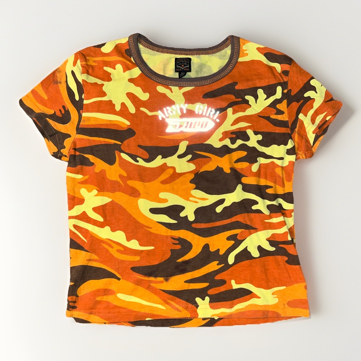 Vintage 90s Army Girl Jnco Baby Tee Shirt Top Orange Yellow Brown Camo USA Y2K