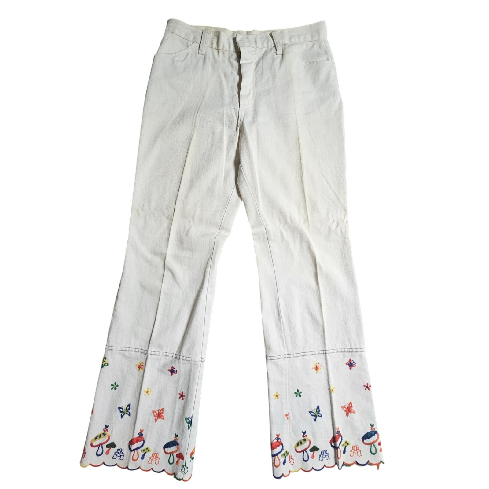 Vintage 70s Mushroom Butterfly Embroidered Flare Jeans 30×29 Scalloped Hem Boho