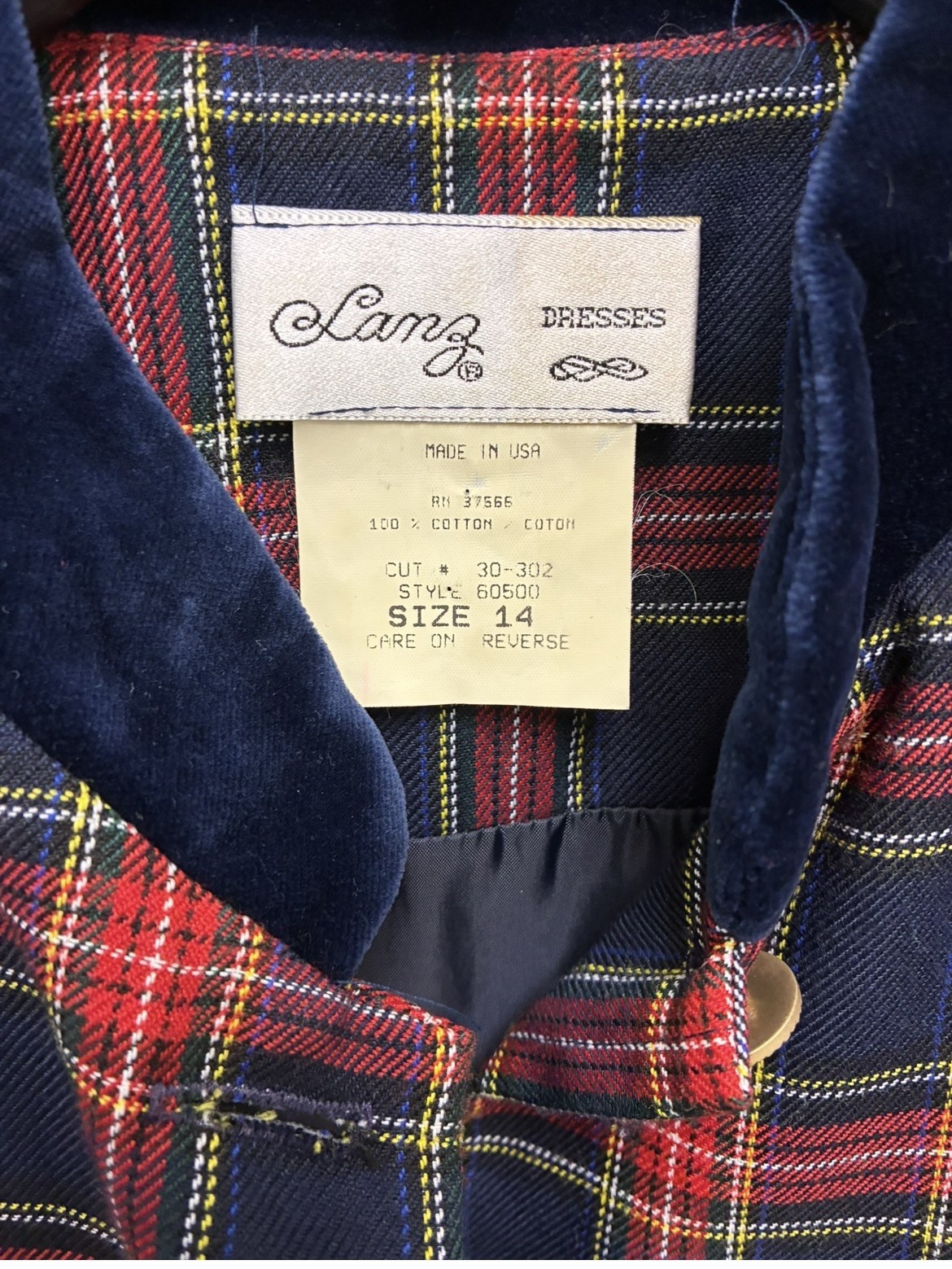 Vintage Laura Plaid 100% Cotton Dress Velvet Collar Gold Buttons USA 80s Sz 14