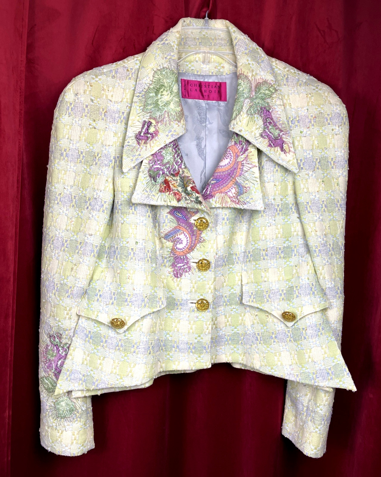 36 Vintage 1990s Christian Lacroix Embroidered Tweed Skirt Suit Point Collar