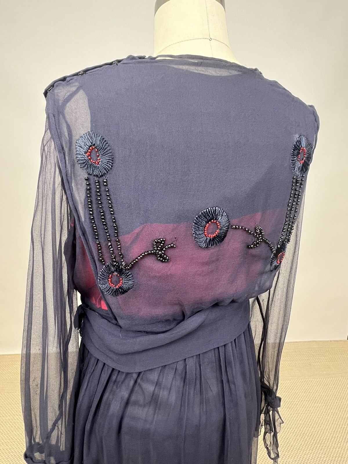 Antique 1910s 1920s Navy Blue Silk Chiffon Dress Floral Embroidery Beading AS IS