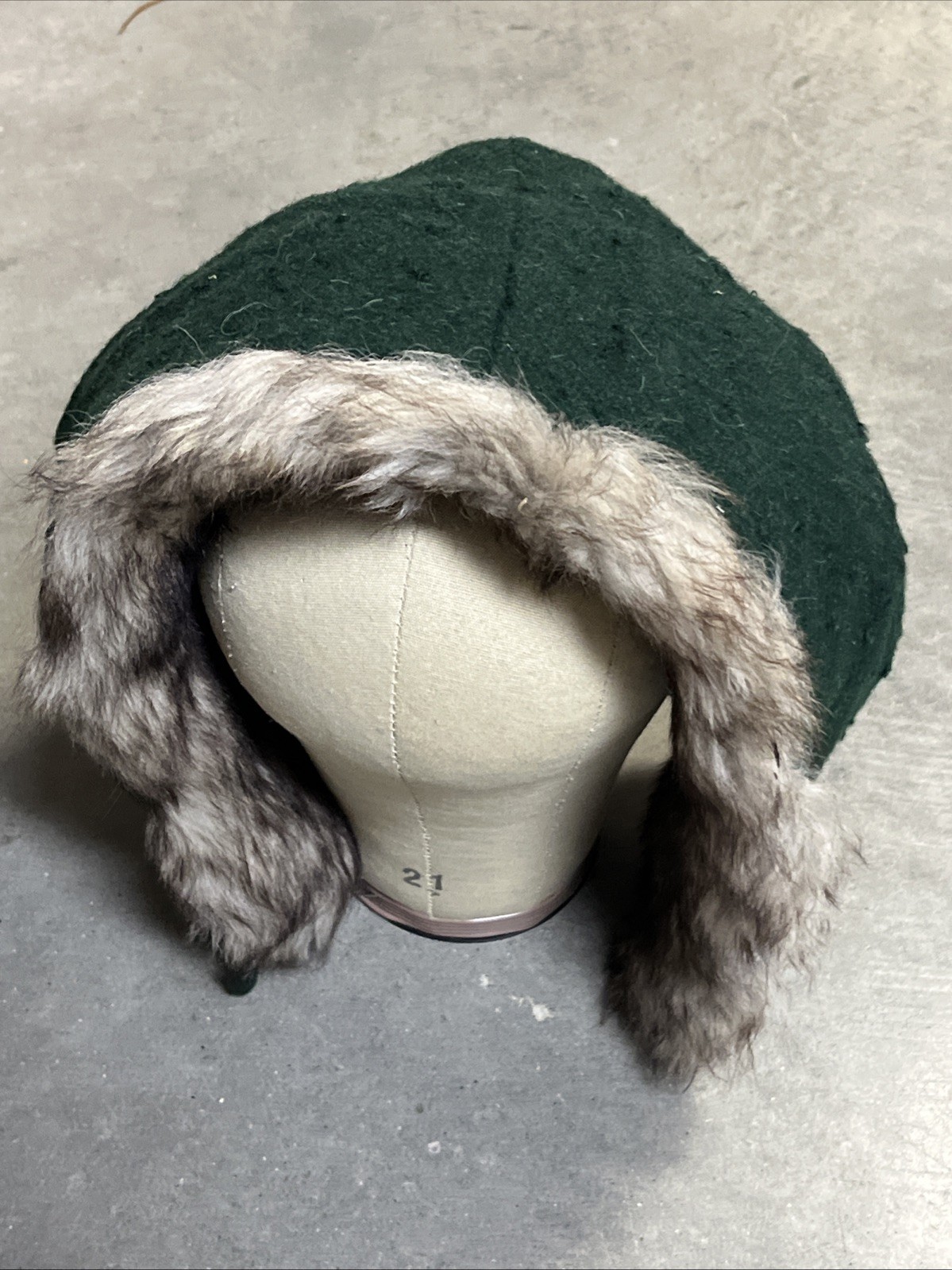VTG 1940s Hunter Green Wool & Fur Replacement Hood Button Front Loop Attachments