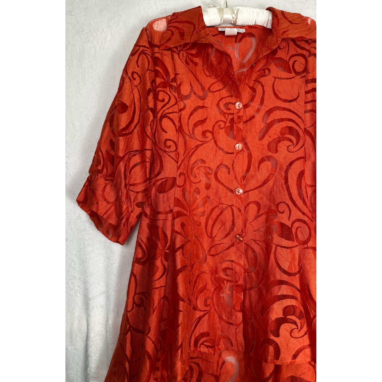 Vintage Come N See Tunic Top Dress Large Orange Burnout Sheer Boho Art to Wear