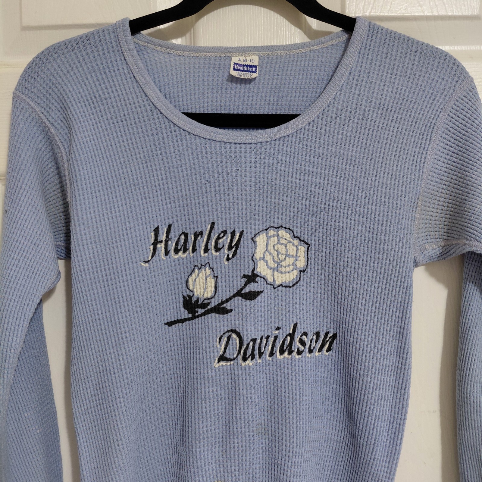 Vintage 80s Kegel Harley-Davidson Rockford IL Rose Light Blue L/S Crew Thermal