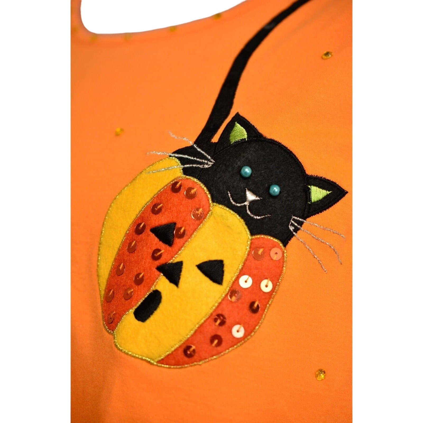 Jack B. Quick M Top Halloween Black Cat Pumpkin Orange Sequin 100% Cotton