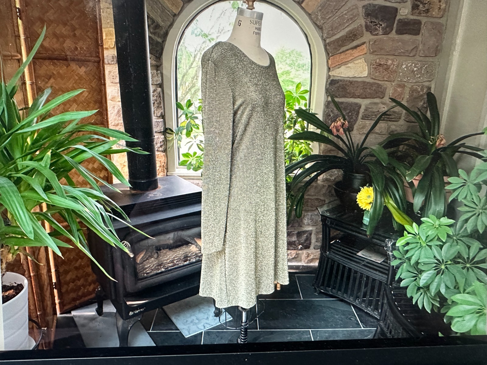 Vintage 1980s Black Metallic Gold and Silver Knit Dress Expo Made in USA