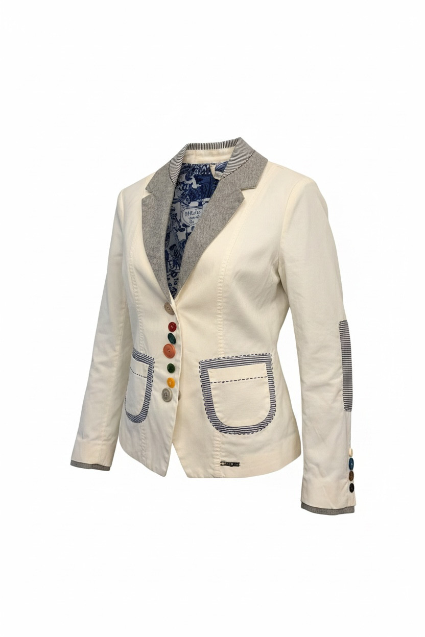 Desigual Cream Blazer Colorful Buttons European Statement Jacket Rare