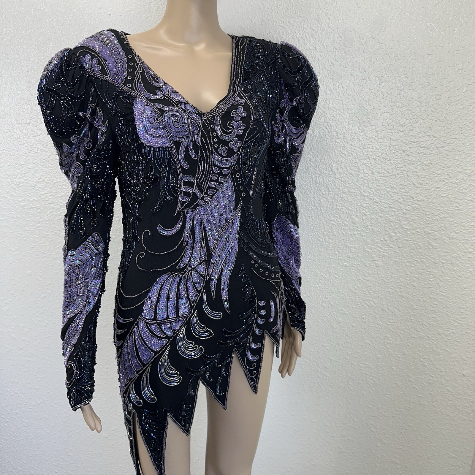 Vtg Fully Beaded Sequin Silk Mini Dress Tunic Peacock Great Gatsby Dancer M