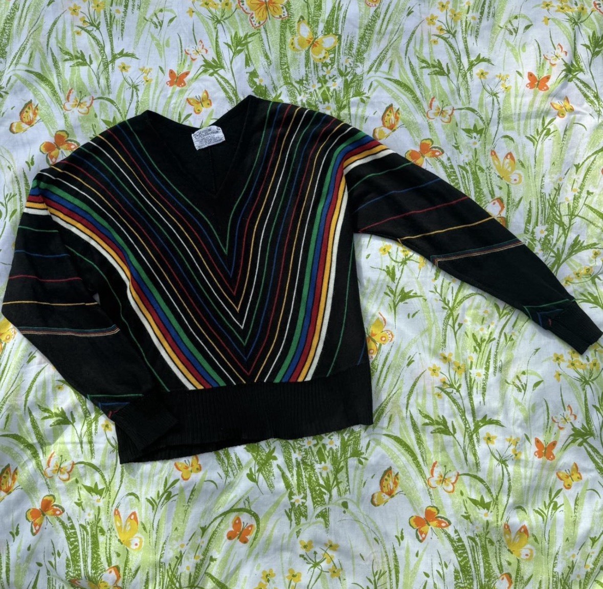 Vintage 1970s Rainbow Chevron Stripe Gemini Collection Sweater – L