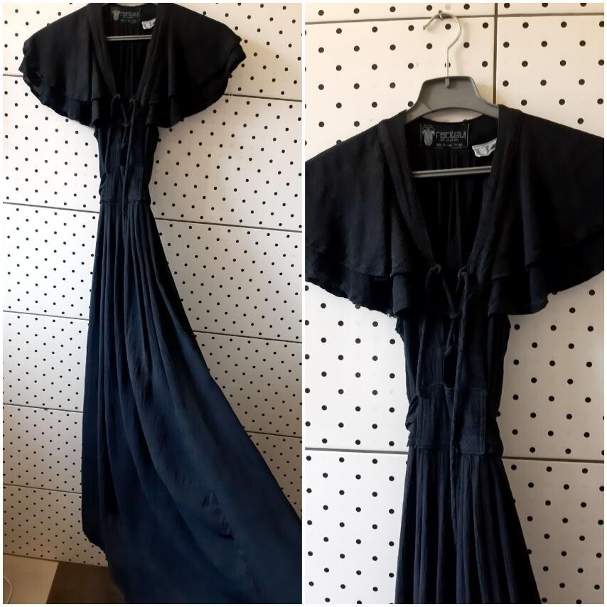 Vintage RADLEY London Black Maxi Sexy Cotton Dress Wing Sleeves Size 12-36″/91cm