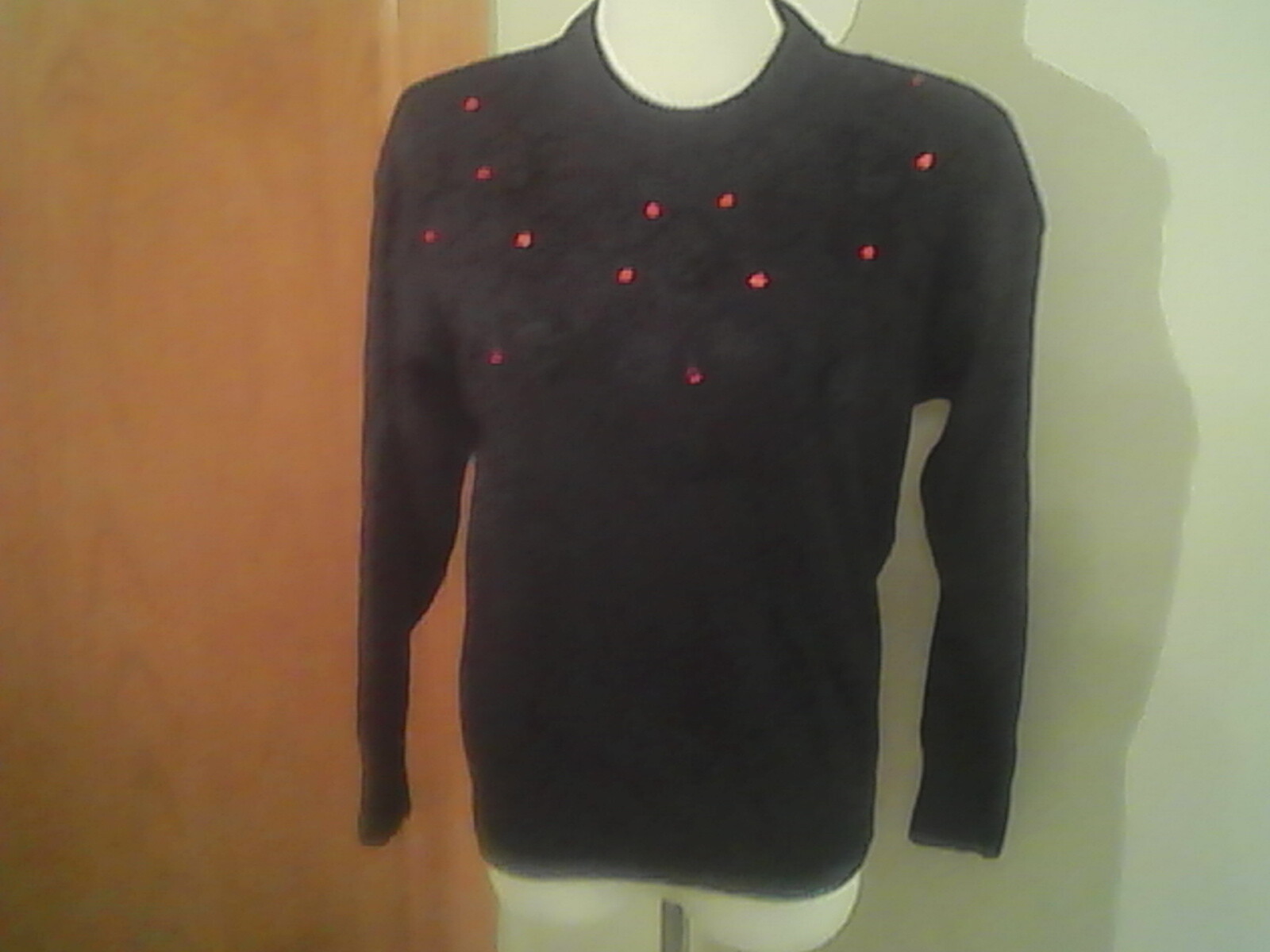 Anytime Glitz brand black pullover sweater red gems & roses M ramie acrylic