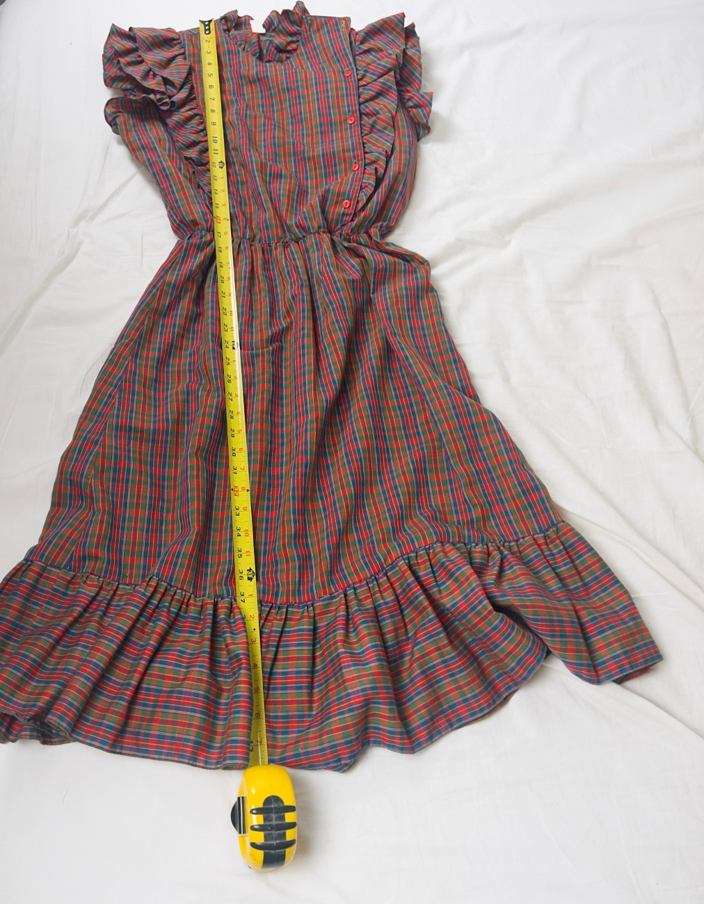 Vintage 60s 70s Red Plaid Ruffle Prairie Midi Dress Best Fit S/M Western Holiday