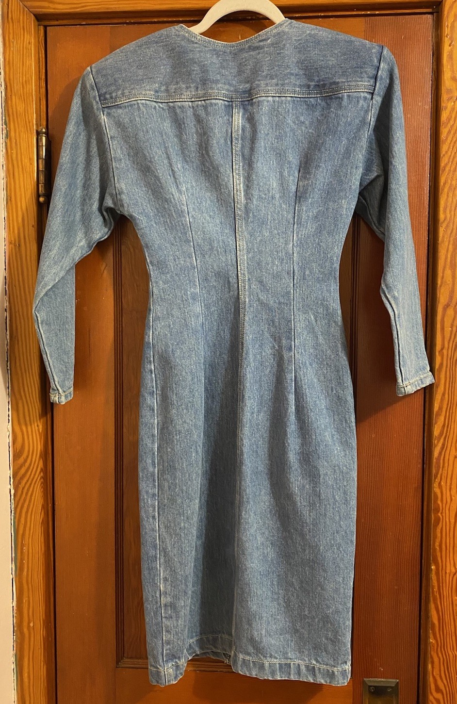 Vintage 80s Paris blues 100% Cotton denim long sleeve Sheath Snap dress 5 XS