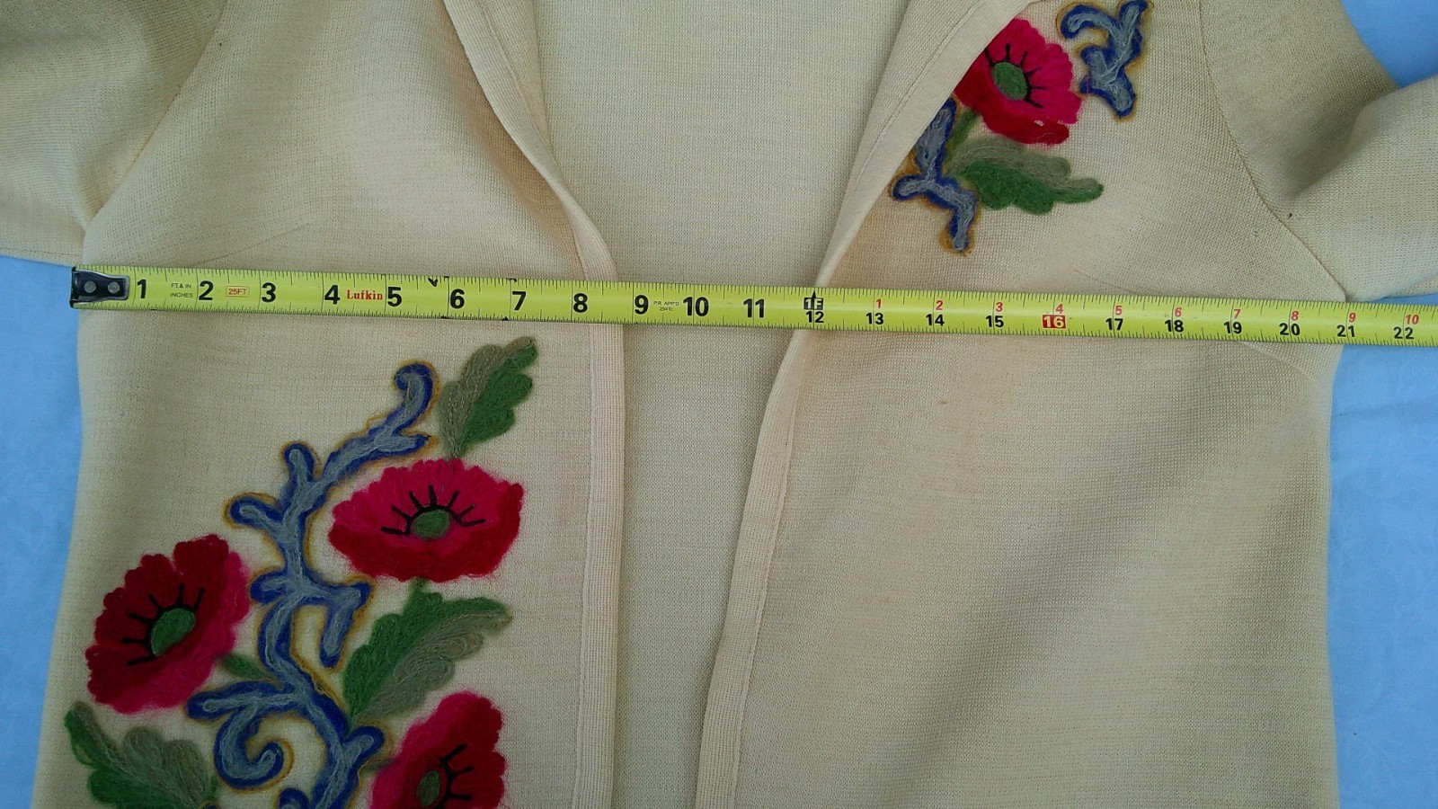 VTG Women Kimberly 100% Wool Floral Applique Open Front Sweater Jacket Damaged