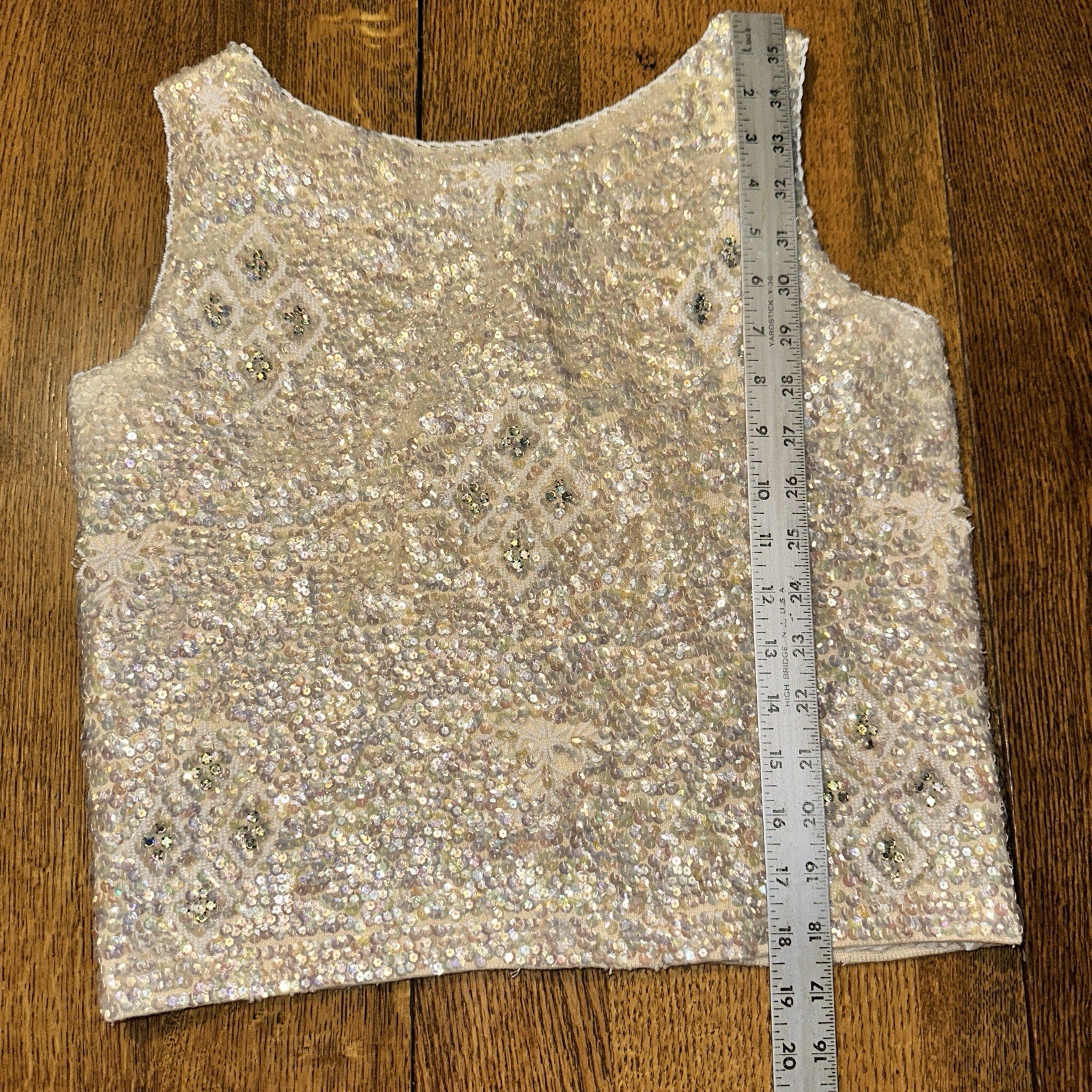 Vtg 50s 60s Hand Beaded Sequin Sleeveless Sweater Top Ivory 34 Glam Holiday Flaw