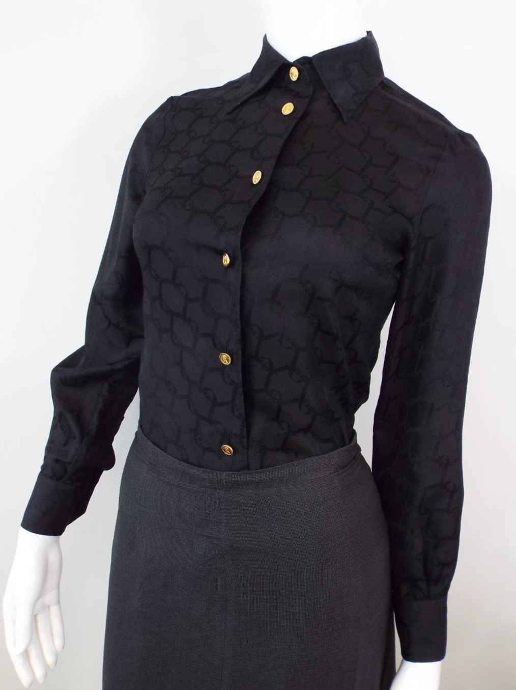 Vintage Roberta di Camerino Black Silk Blouse Shirt XS 6 Belt Logo Gold Buttons