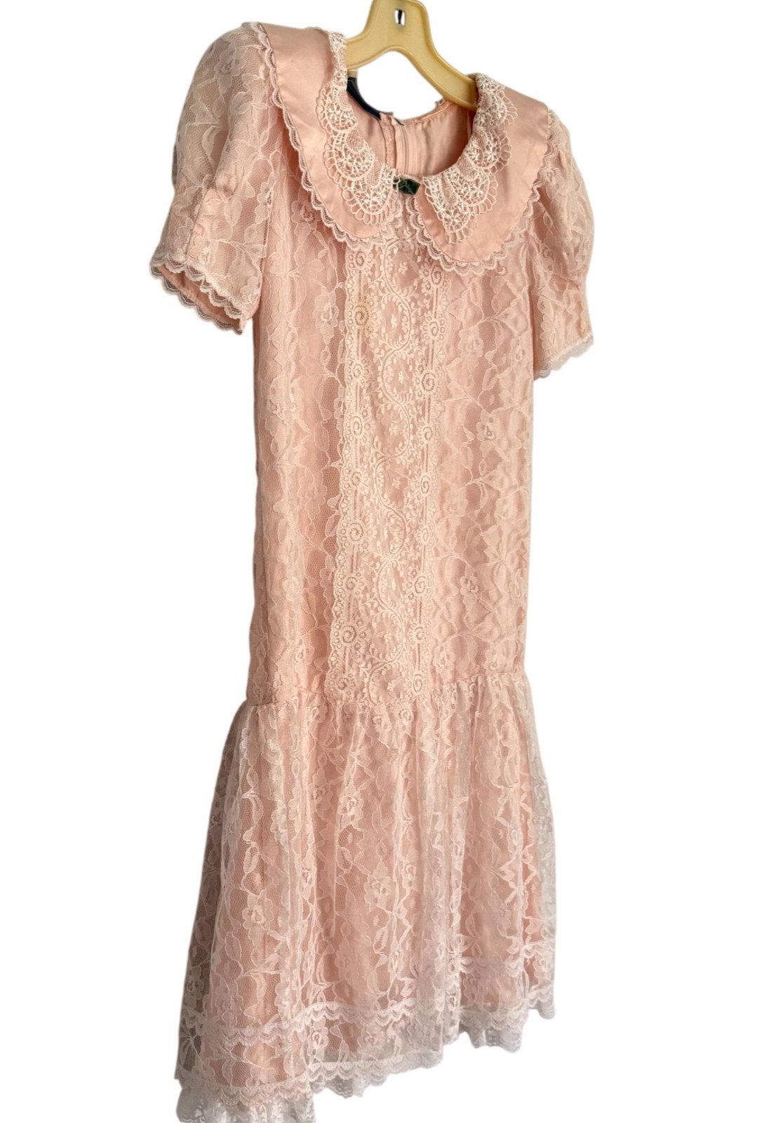 VTG Gunne Sax Girls Peach Blush Lace Party Dress Drop Waist Peter Pan Collar 80s