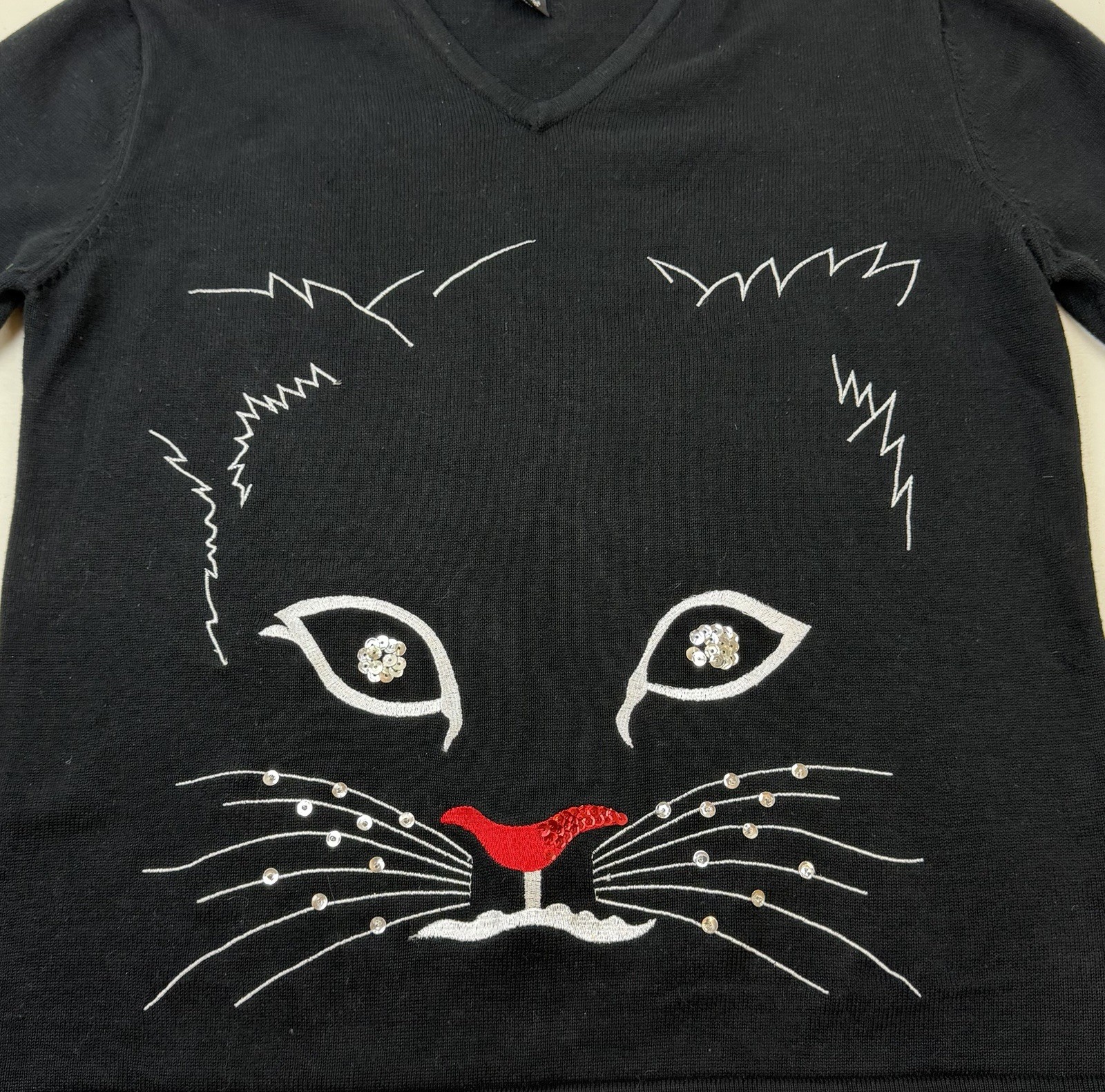 Vtg Black V-neck Sweater Sz M Embroidered Cat Face Novelty Bobbie C Sequin Eyes