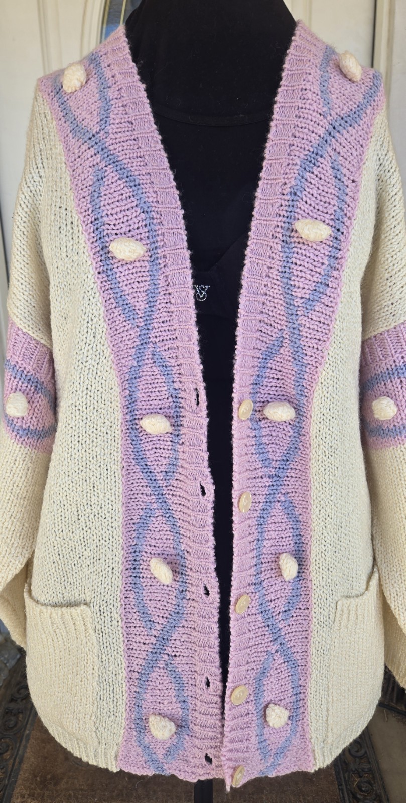 1980s CHAUS SPORT Pastel Pink And Blue Chunky Knit Cardigan Sweater Size Medium
