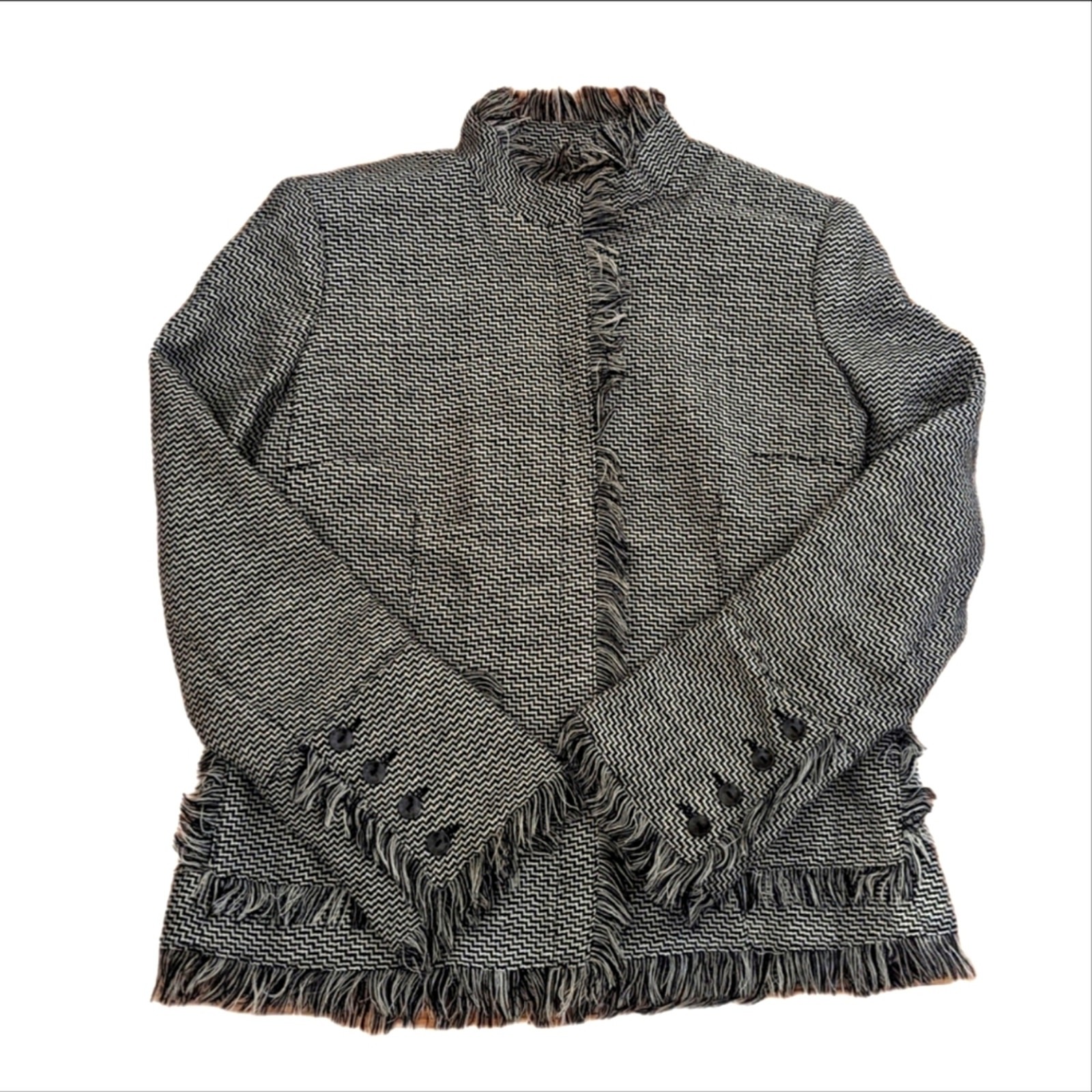 Vintage Harve Benard Bohemian Hippie Chevron Print Fringe Full Zip Wool Jacket