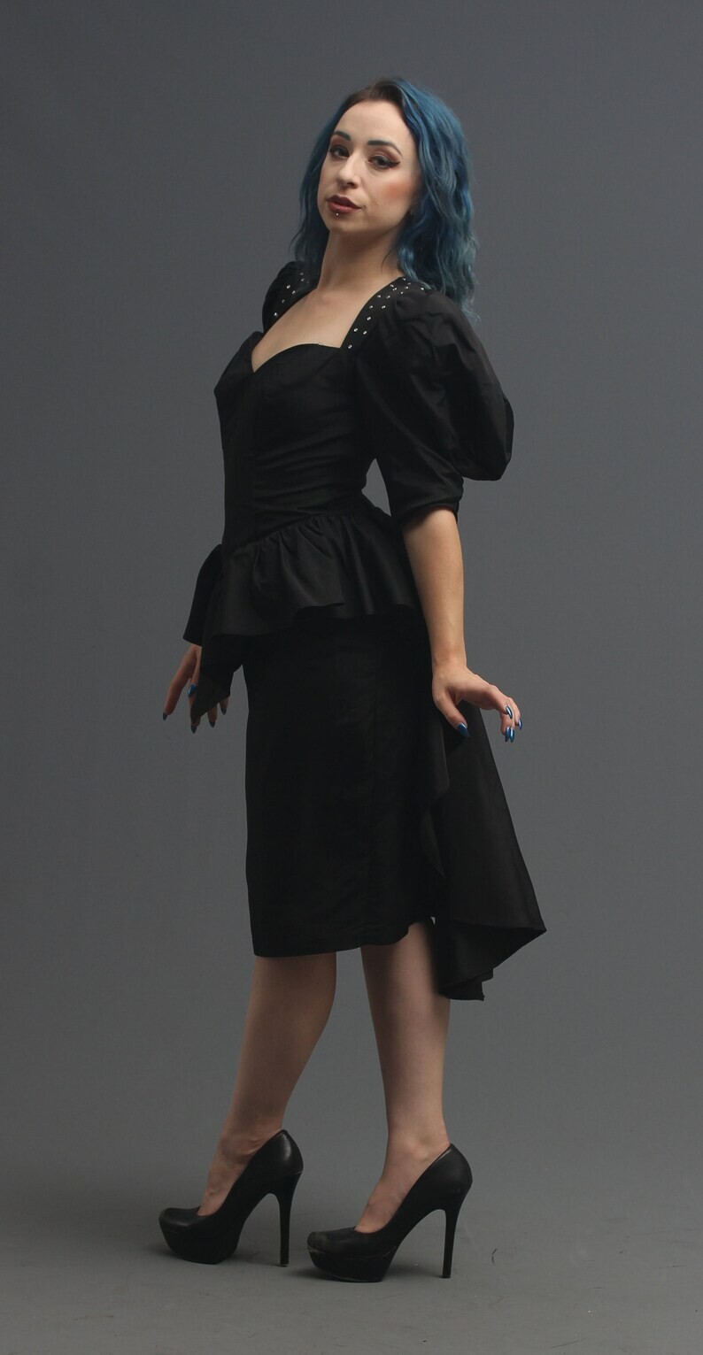ZumZum 80s Black Avant Garde Dress Sweetheart Peplum Bustle Keyhole XS-S