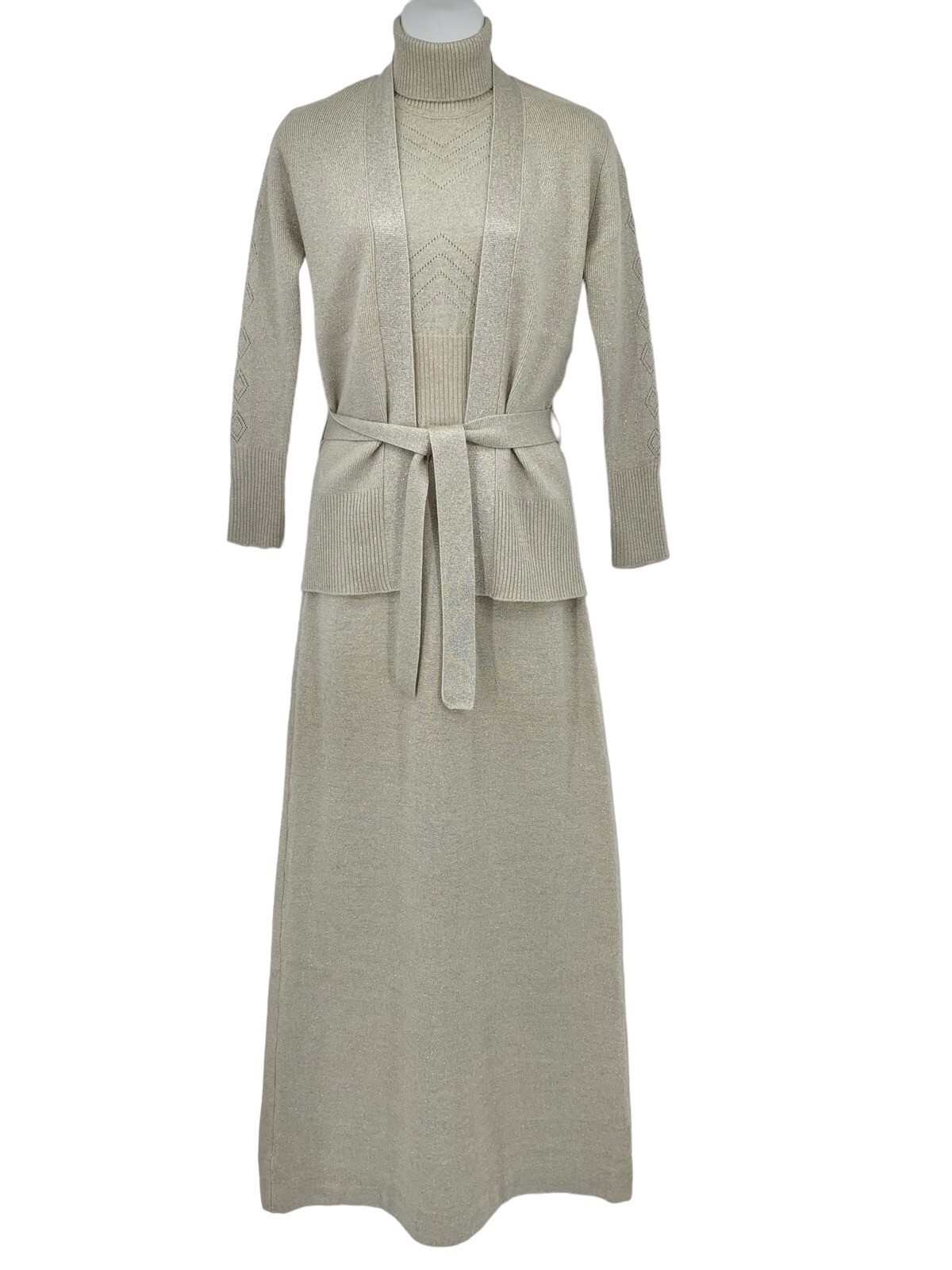 VTG 70s Prairie Knit Wool Glam Maxi Dress Cardigan Jon-Michel 9-10 Cottagecore