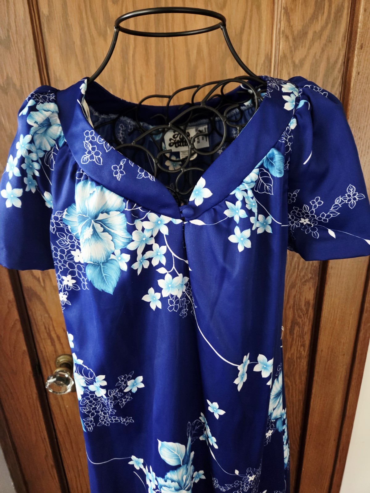 Hilo Hattie Vintage Medium Blue Floral Maxi Dress Hawaiian Polyester Flow Cruise