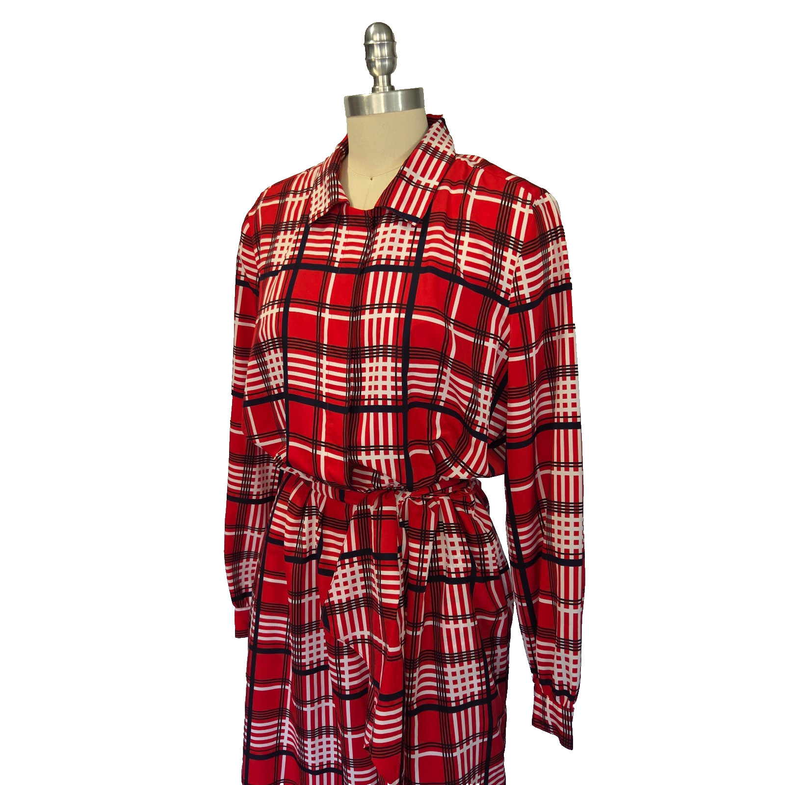 Vintage 70s Red Plaid Midi Shirt Dress Size L Tie Waist Long Sleeve Tartan