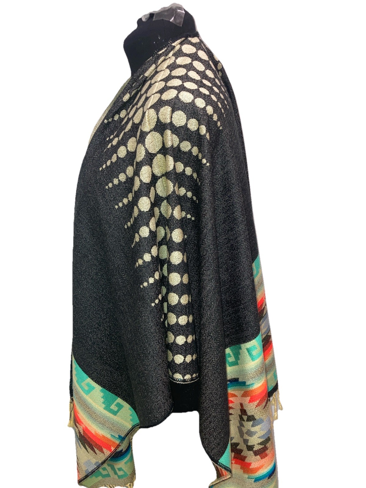 Custom “GALAPAGOS” Aztec Southwestern Wool Cape Poncho 36L X 50” Wide Reversible