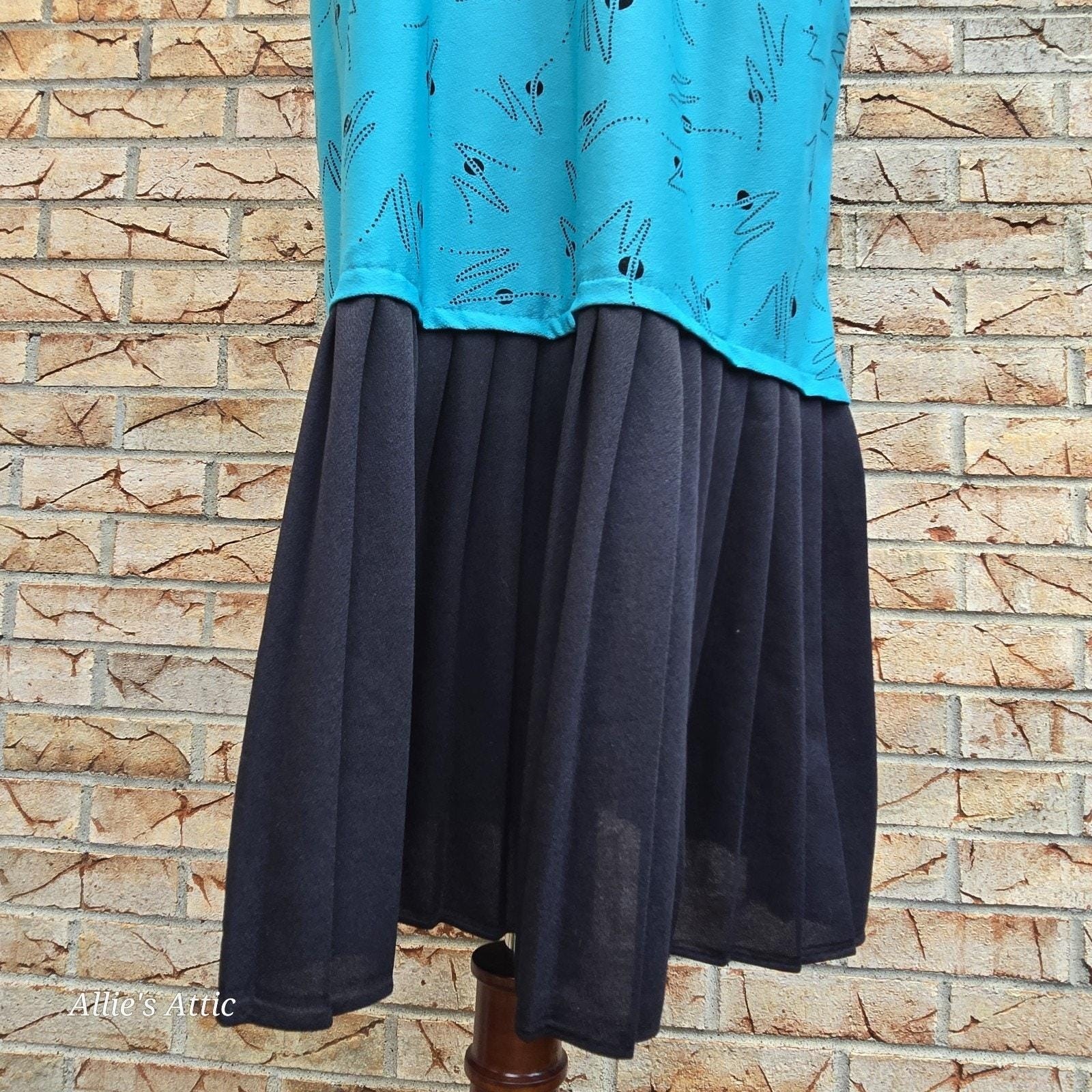 80s Teal Blue Black Geometric Vtg Drop Waist Party Dress Earth Angel Plus Size*