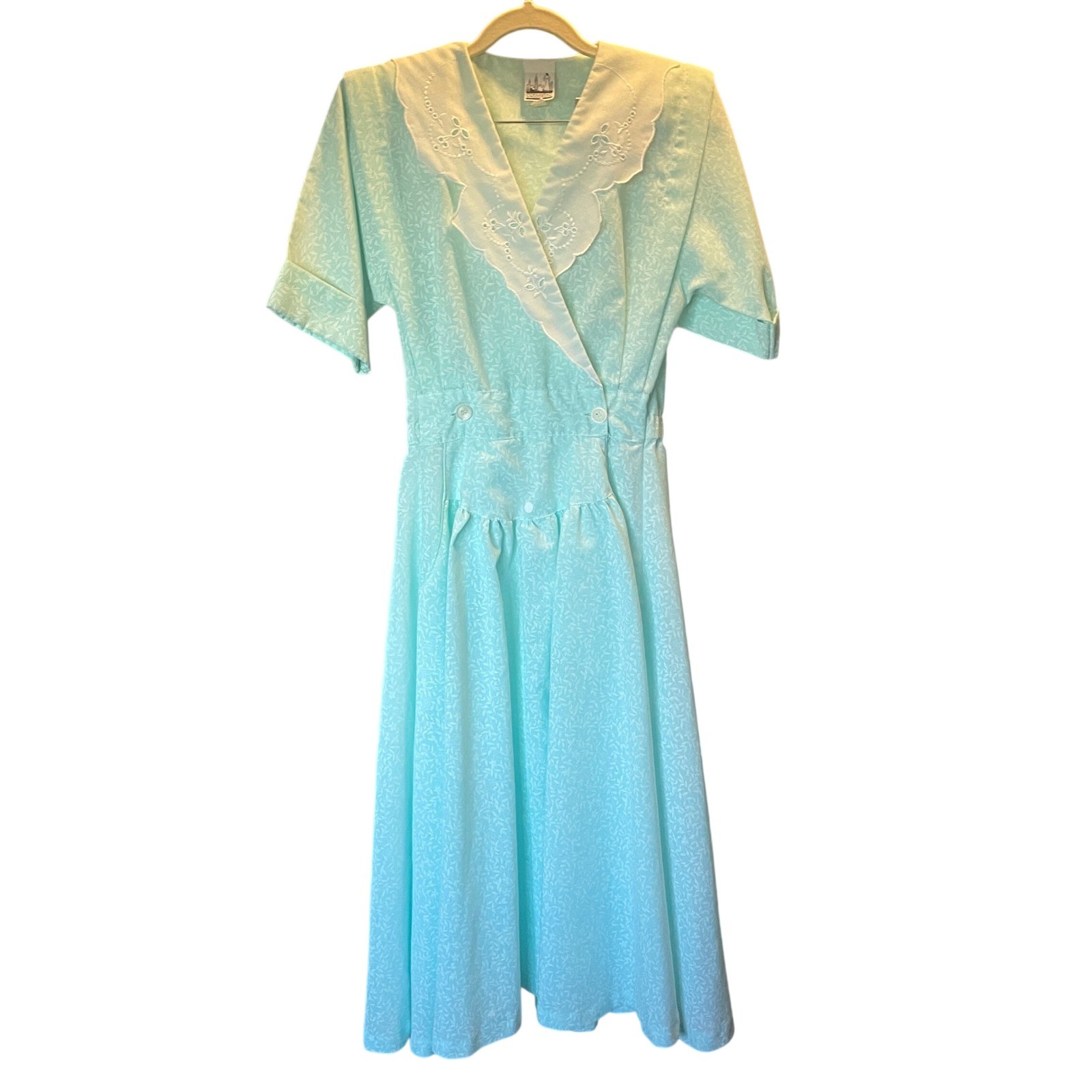 Womens Vintage 80s Cottage Floral Eyelet Shawl Collar Midi Dress Size 3/4 Modest